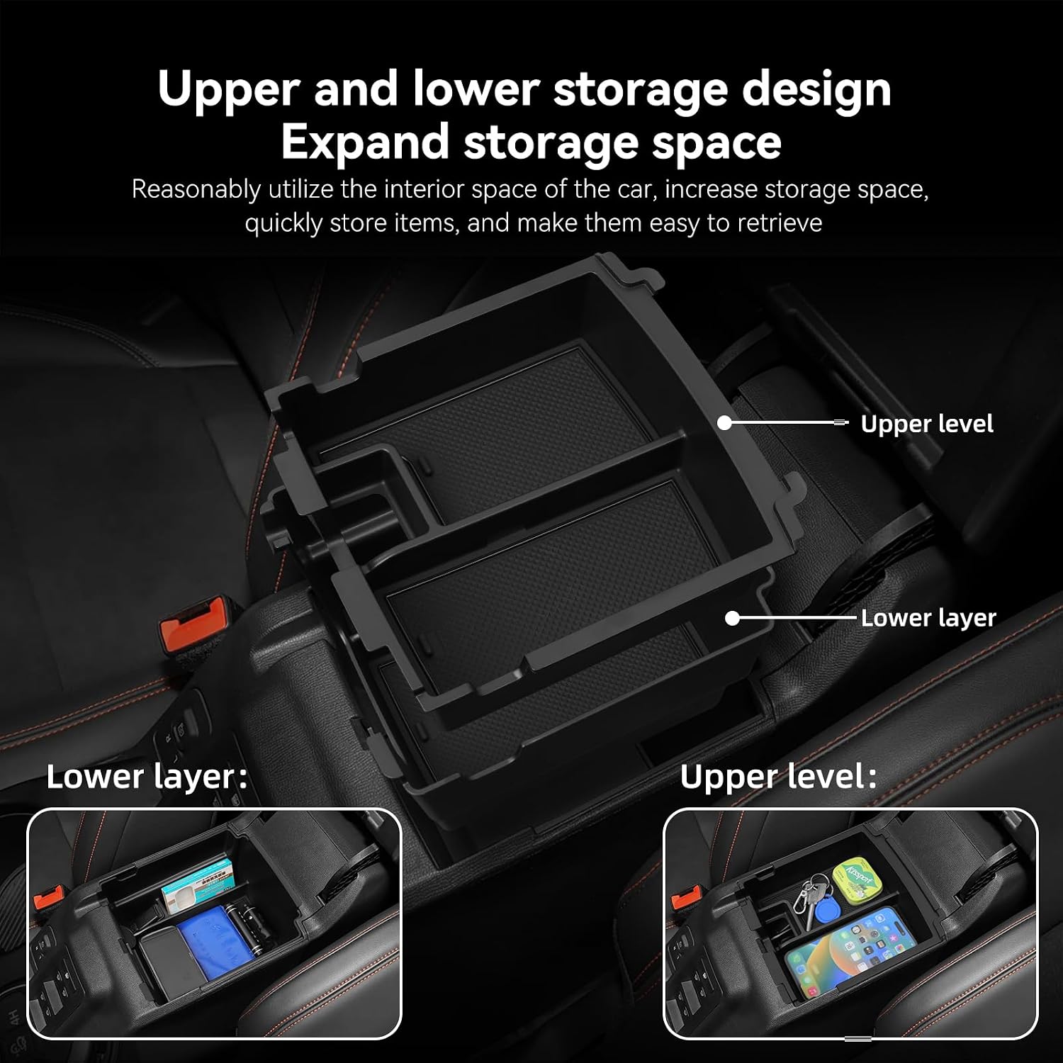 smabee 2PCS Center Console Organizer for Ford Bronco 4-Door 2025 2026 Full Size Ford Bronco Armrest Storage Box ABS Storage Tray Interior Accessories Black (Not for Bronco Sport Model)