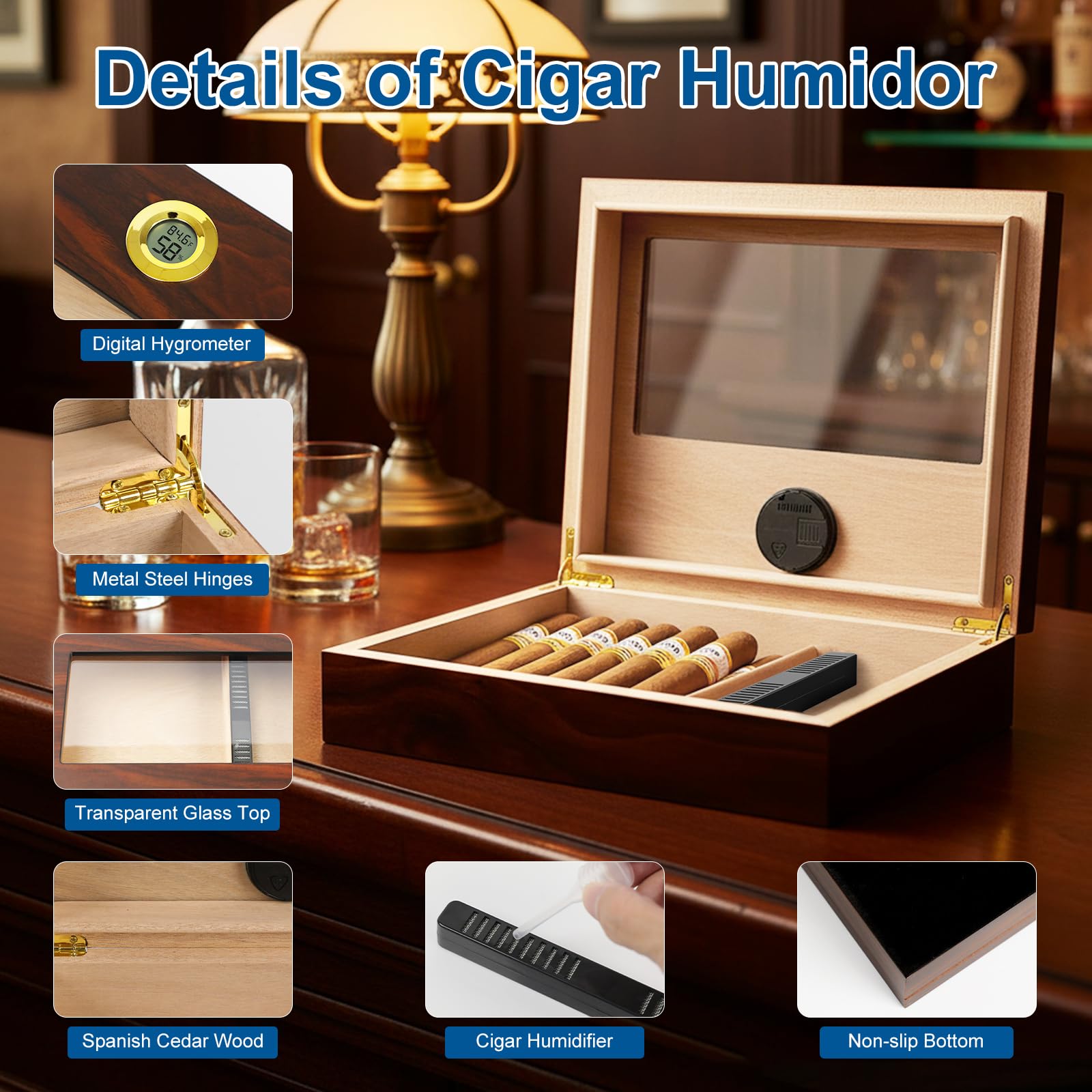 Cave à Cigares Dayear Humidor En Bois De Cèdre - Pour 20-25 Cigares Avec Hygromètre Et Humidificateur