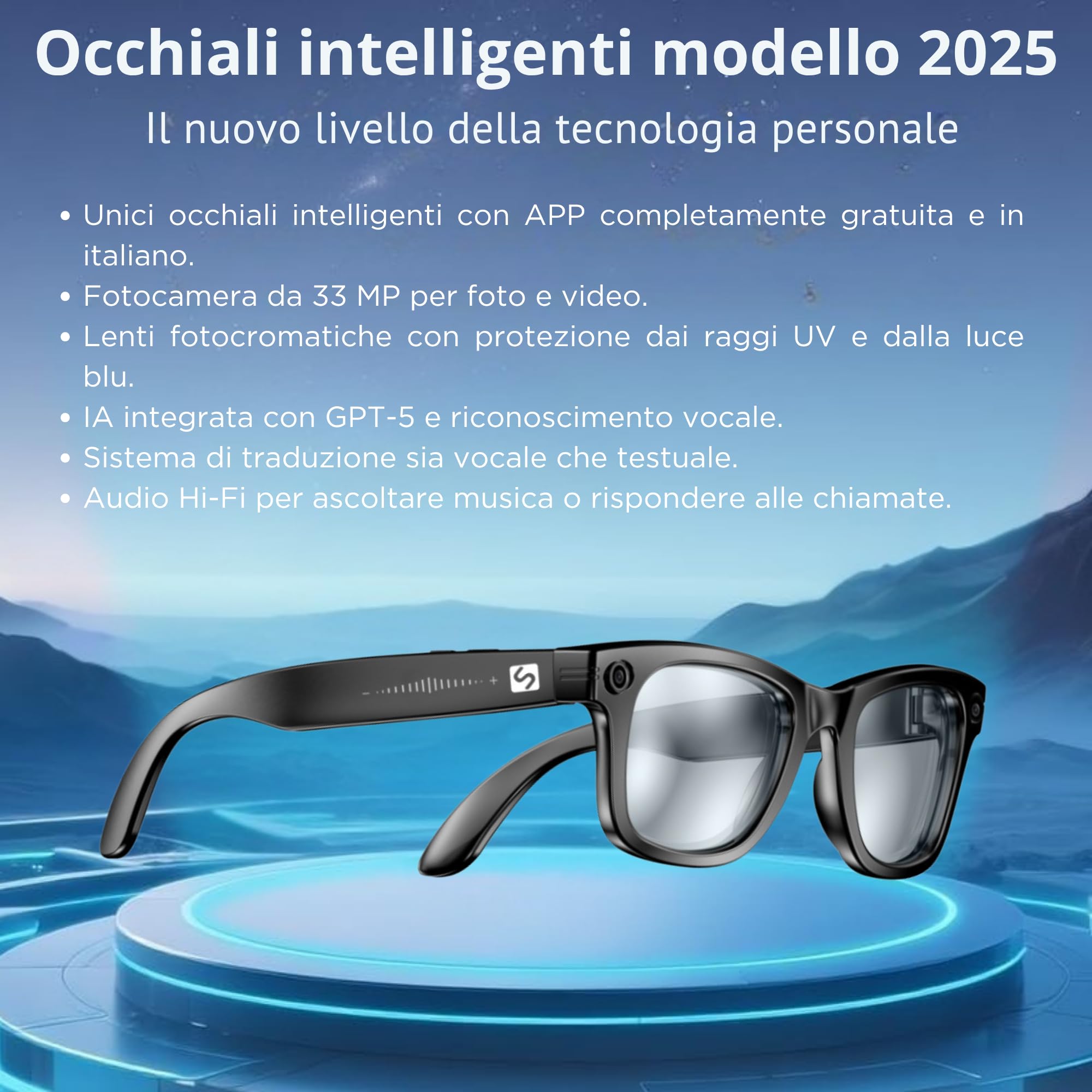 smartia – Occhiali Intelligenti con fotocamera, App inclusa in italiano, Occhiali Bluetooth a mani libere con IA GPT 5 integrata per voce, Occhiali fotocromatici e traduzione in 20 lingue