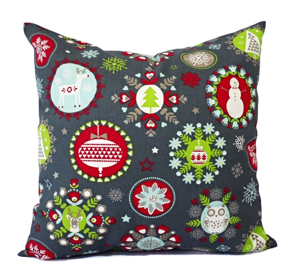 Christmas Holiday Throw Pillow Cover in Custom Sizes - Red Blue Green Charcoal and White Pillows - 16 x 16 Inch 18 x 18 Inch 20 x 20 Inch - Christmas Pillow Cover