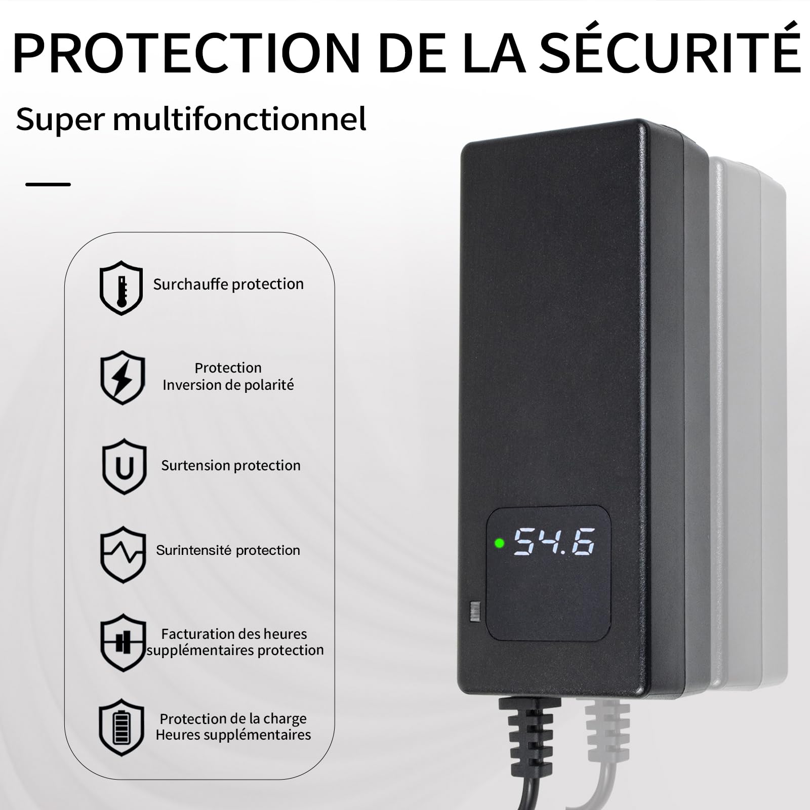 Chargeur de Batterie 54,6V 2A avec Écran Numérique, Alimentation Rapide Compatible avec Trottinette Électrique Xiaomi 4 Pro Plus / 4 Pro Max / 5 Max, Adaptateur Sécurisé