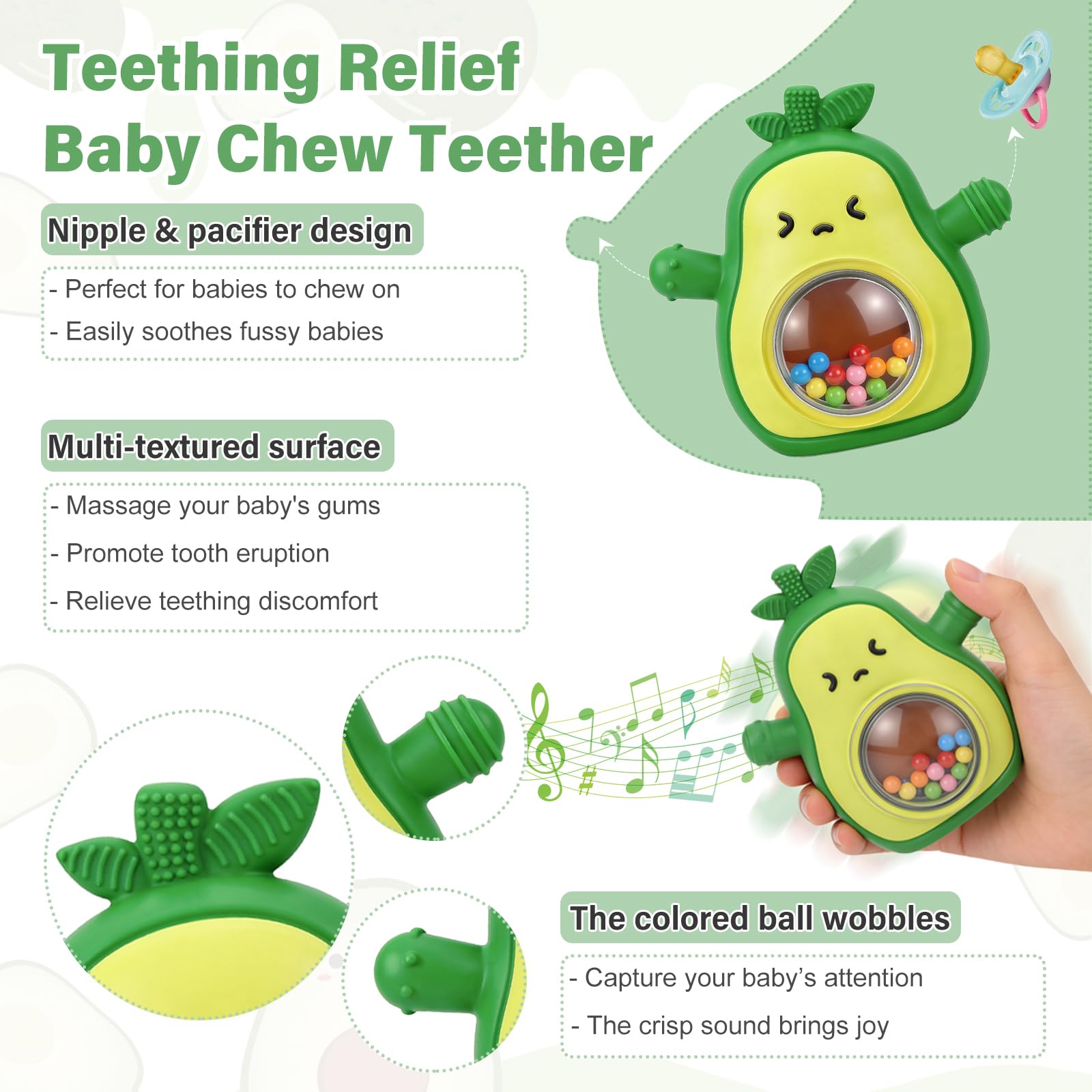 Beißring Baby, Zahnungshilfe aus Silikon, Baby Spielzeug ab 0 3 6 9 Monate, Beissring Babys, Rassel Ruder Greifling Beißspielzeug, BPA-frei, für Jungen & Mädchen, Geschenk für Kleinkind (Grün) - 2