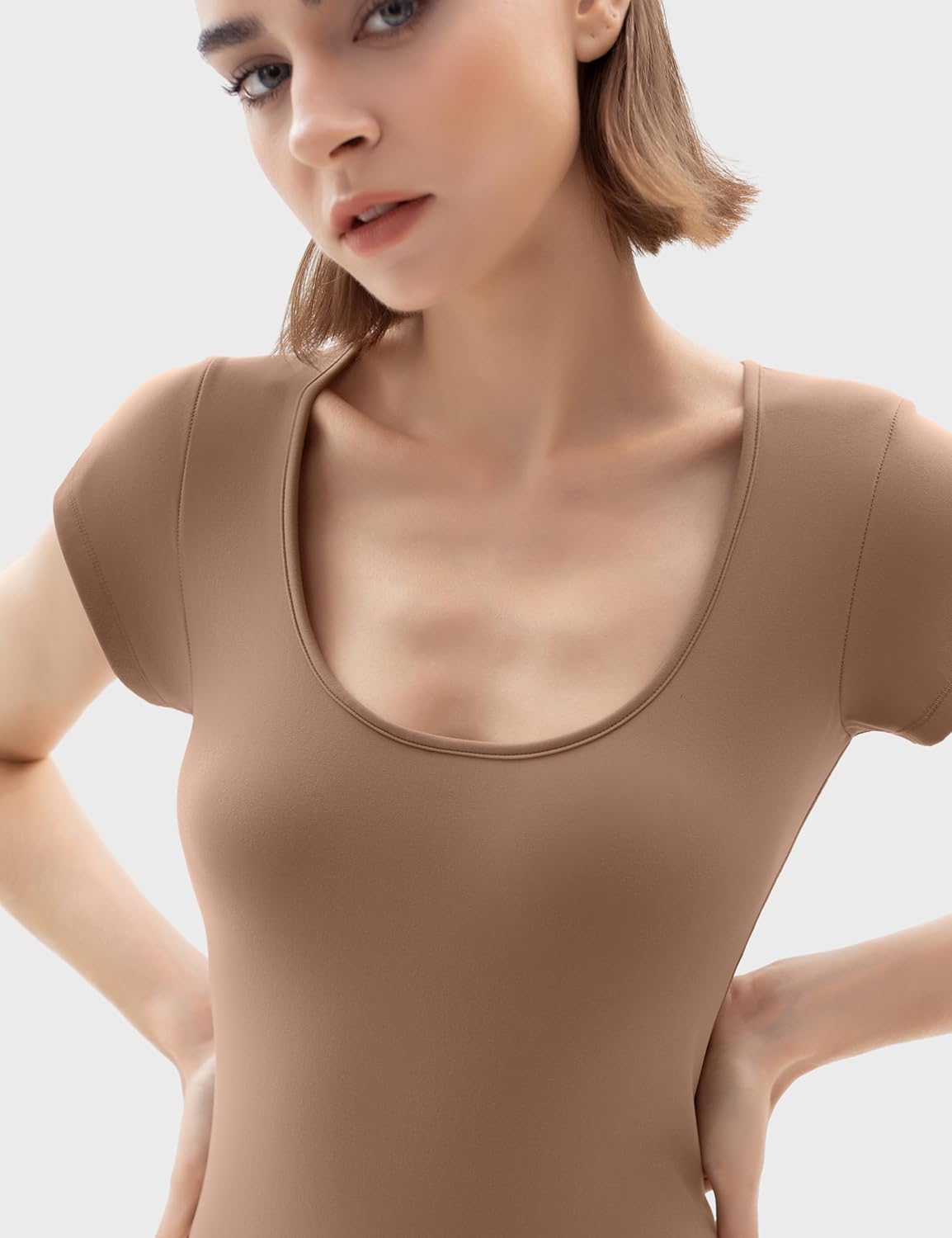 PUMIEY Flare Jumpsuits for Women Scoop Neck Short Sleeve Bodycon Casual Unitard Chill Collection - Image 5