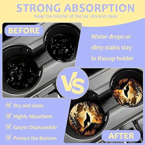 Miniatura 4 de Paquete de 2 posavasos de cerámica absorbente para automóvil, diseño de lobo y luna llena, posavasos de automóvil para portavasos de automóvil,