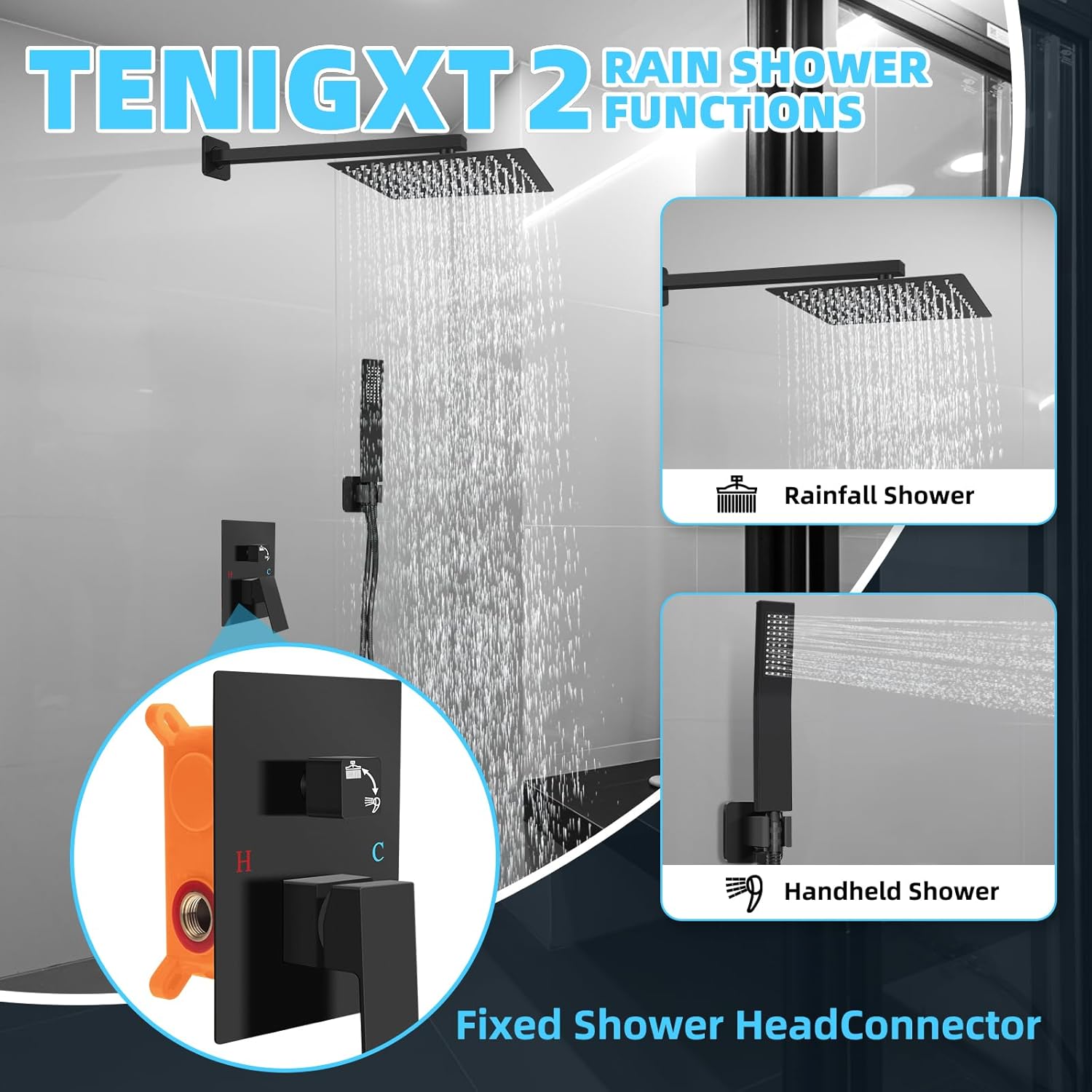Bathroom Shower Faucet Set，10 Inch Rain Shower Head with Handheld Spray，Brass Shower Valve Trim Kit，Wall Mounted Square Rain Shower System (Matte black)