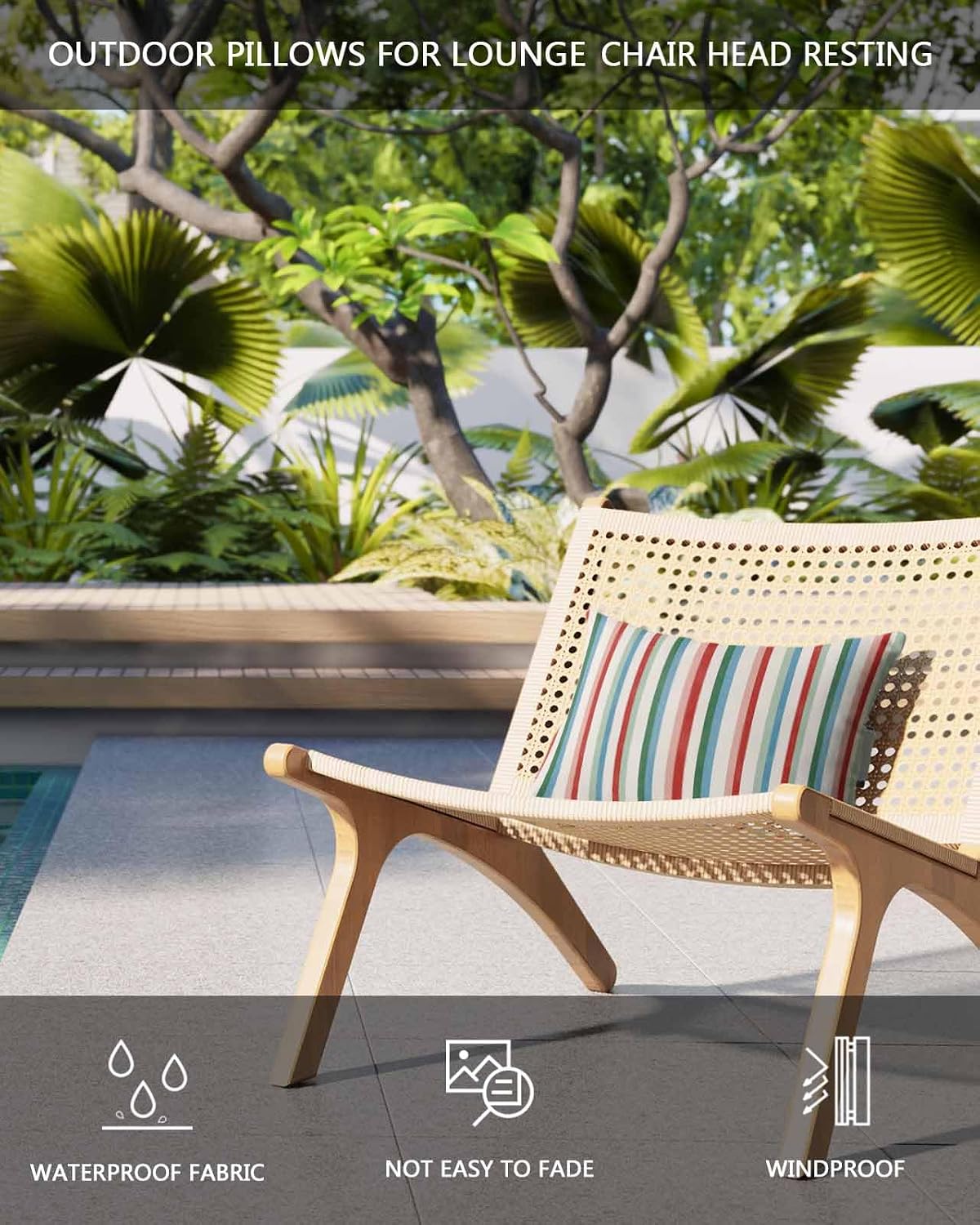 Lumbar Pillow Covers Set of 4, Red Green Blue Striped Waterproof Outdoor Chaise Lounge Pillow Covers with Elastic Strap, Modern Farmhouse Stripes Headrest Pillowcase for Patio Recliner, 12 x 20