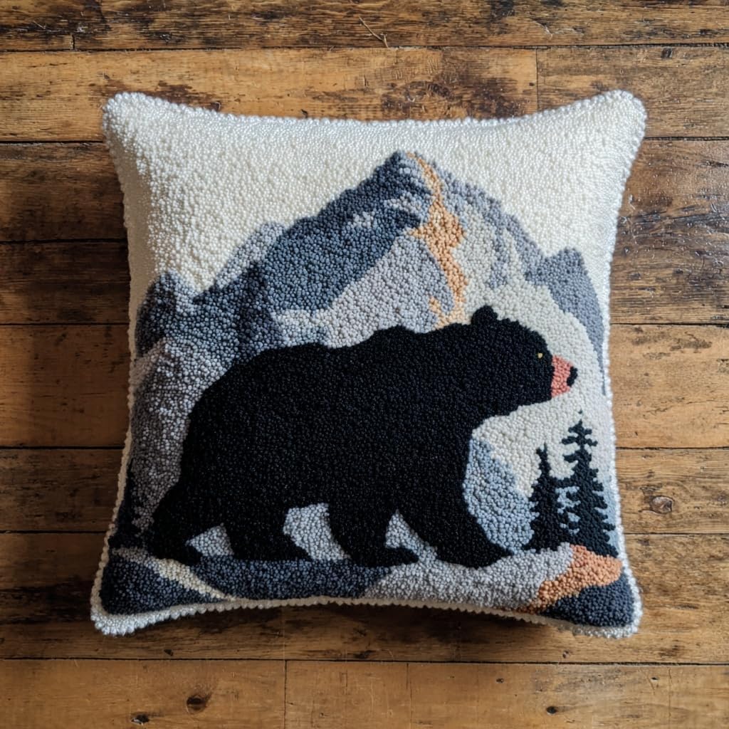 Latch Hook Kit, Animal Black Bear And Mountains Diy Rug Hooking Pillo
