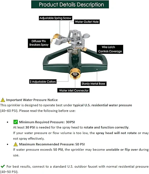 WEMADE Heavy Duty Metal Pulsating Sprinklers for Yard - 360 Degree Roating Automatic Water Sprinkler for Lawn with Metal Base, Impact Sprinklers for Large Area Covers Up to 85‘ Diameter