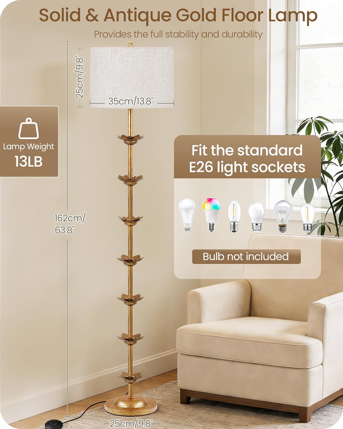 63.8” Floor Lamp with Landen Leaf, Antique Gold Standing Lamp with Foot Switch, Metal, Beige Linen Drum-Shaped Shade, Bulb Not Included, for Bedroom, Living Room D20LD05