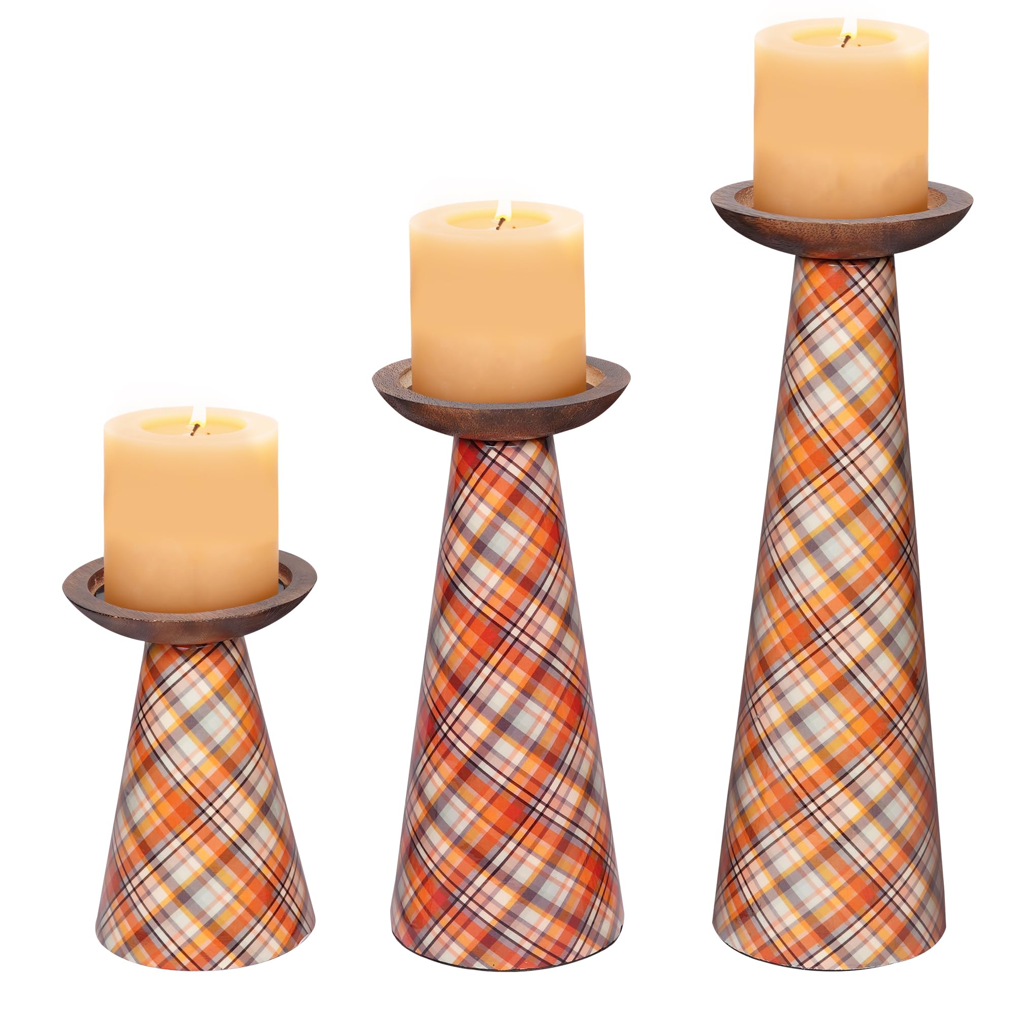 Candle Holders for Pillar Candles (Ochre/Multi-Plaid, Set of 3) - Unique Design Candlestick Holders - Farmhouse Metal Candlestick Holders - Modern Home Decor for Table Centerpiece - 6”, 9”, 12”