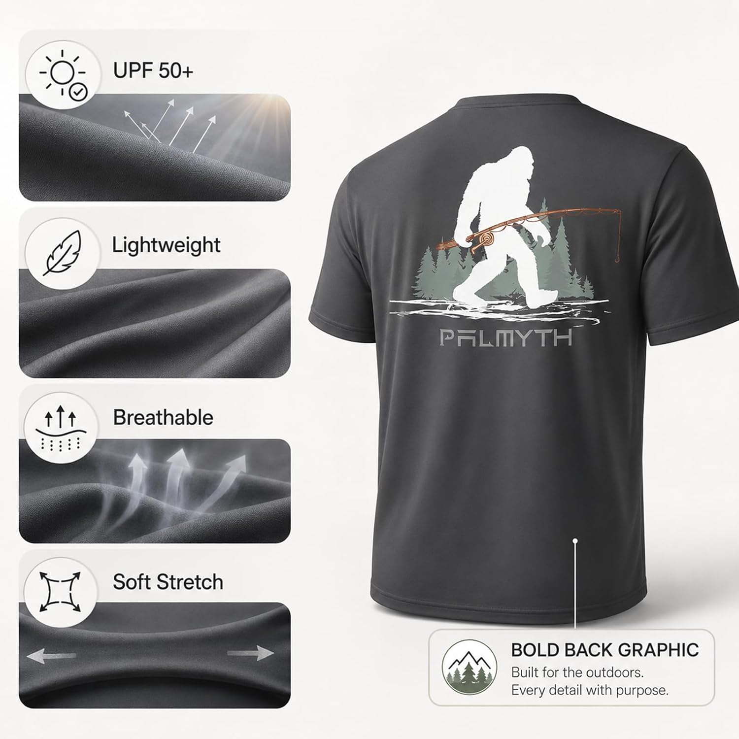 Palmyth Men's Fishing Shirt Short Sleeve Sun Protection UV UPF 50+ T-Shirt