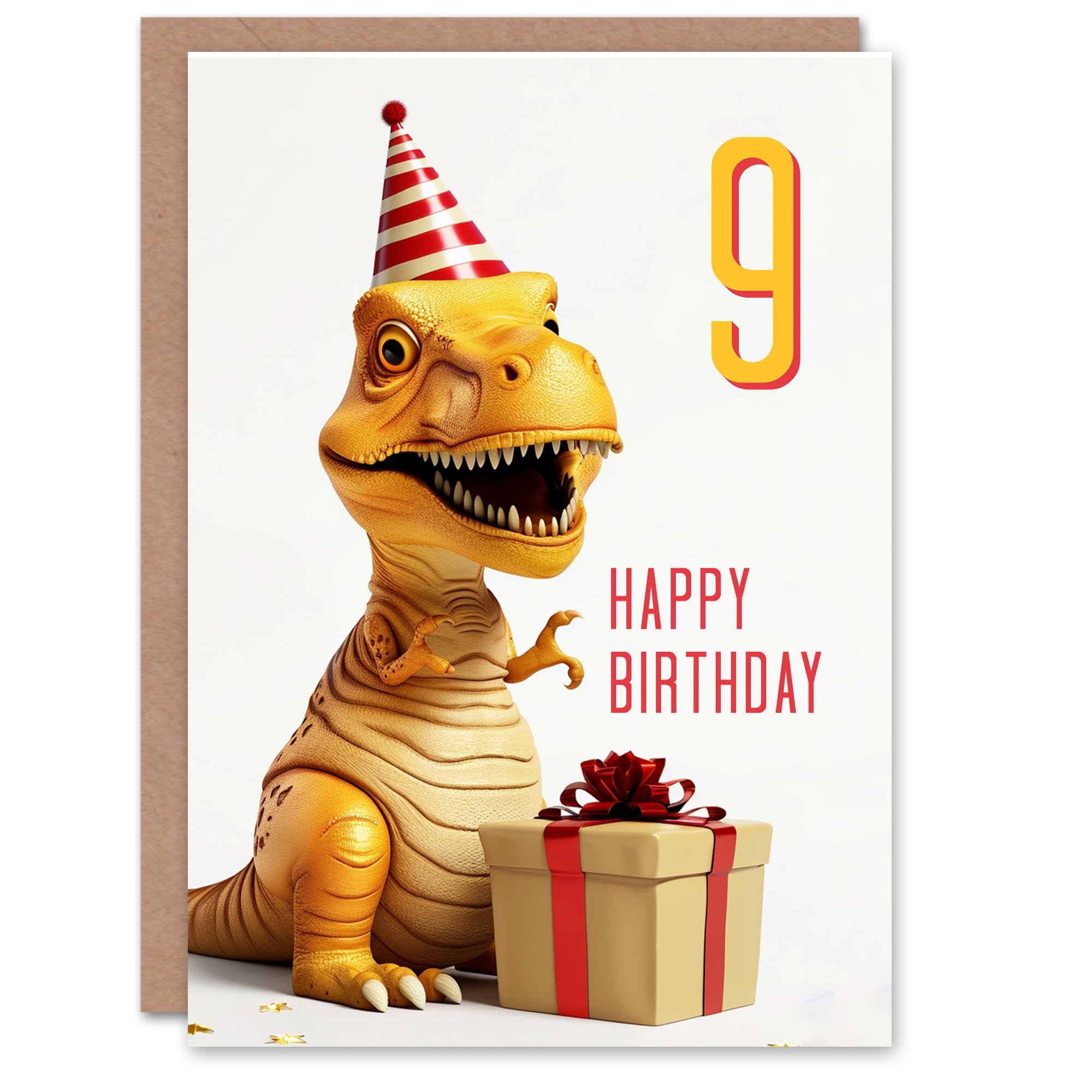 Artery8 9th Birthday Card Baby T-Rex Dinosaur Party Hat Kids Age 9 Year Old Child For Son Daughter Girl Boy Happy Card