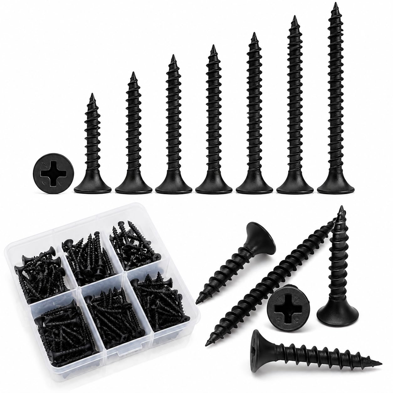 SAWS Drywall Screws Assorted Pack of 100 Pieces (13mm, 19mm, 25mm & 32mm) | Drilling Bugle Head Screws | Black Phosphate Coated Carbon Steel Screws for Gypsum Board & Metal Studs (25 Pcs Each Size)-picture-11