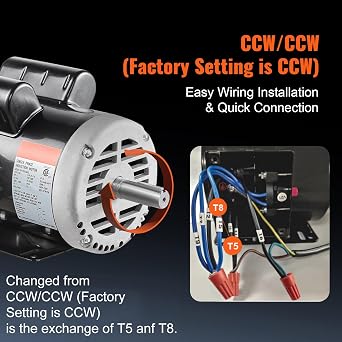 VEVOR 5HP Air Compressor Electric Motor, 230V 25 Amps, 56HZ Frame 3450RPM, 7/8 Keyed Shaft, 2.25 Shaft Length, Single Phase, CCW/CW (Factory Setting is CCW)