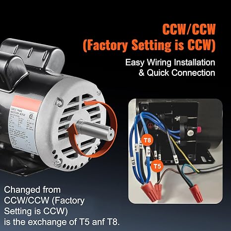 VEVOR 5HP Air Compressor Electric Motor, 230V 25 Amps, 56HZ Frame 3450RPM, 7/8 Keyed Shaft, 2.25 Shaft Length, Single Phase, CCW/CW (Factory Setting is CCW)