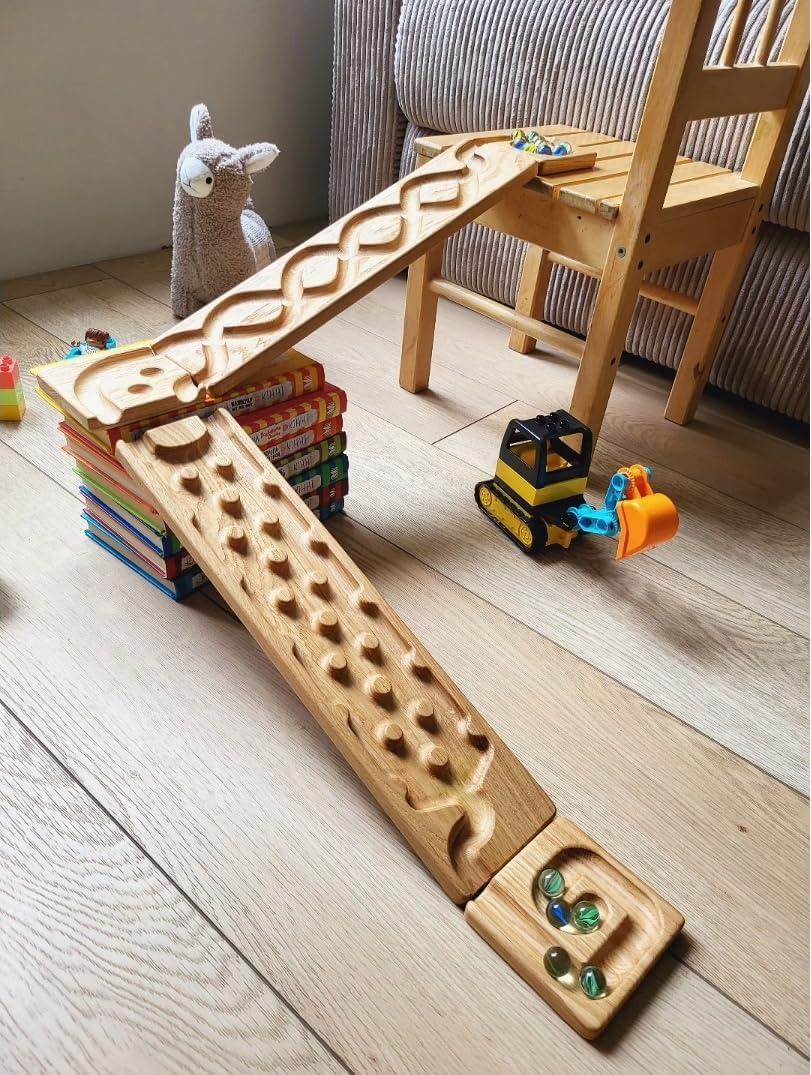 Wooden Marble Run Track Set of 2 Whirlpol+Rocks Race Machine Set Wooden Maze Board Ball Run Montessori STEM Toy Gift for Kids Wave Course Winding Roller Track Game