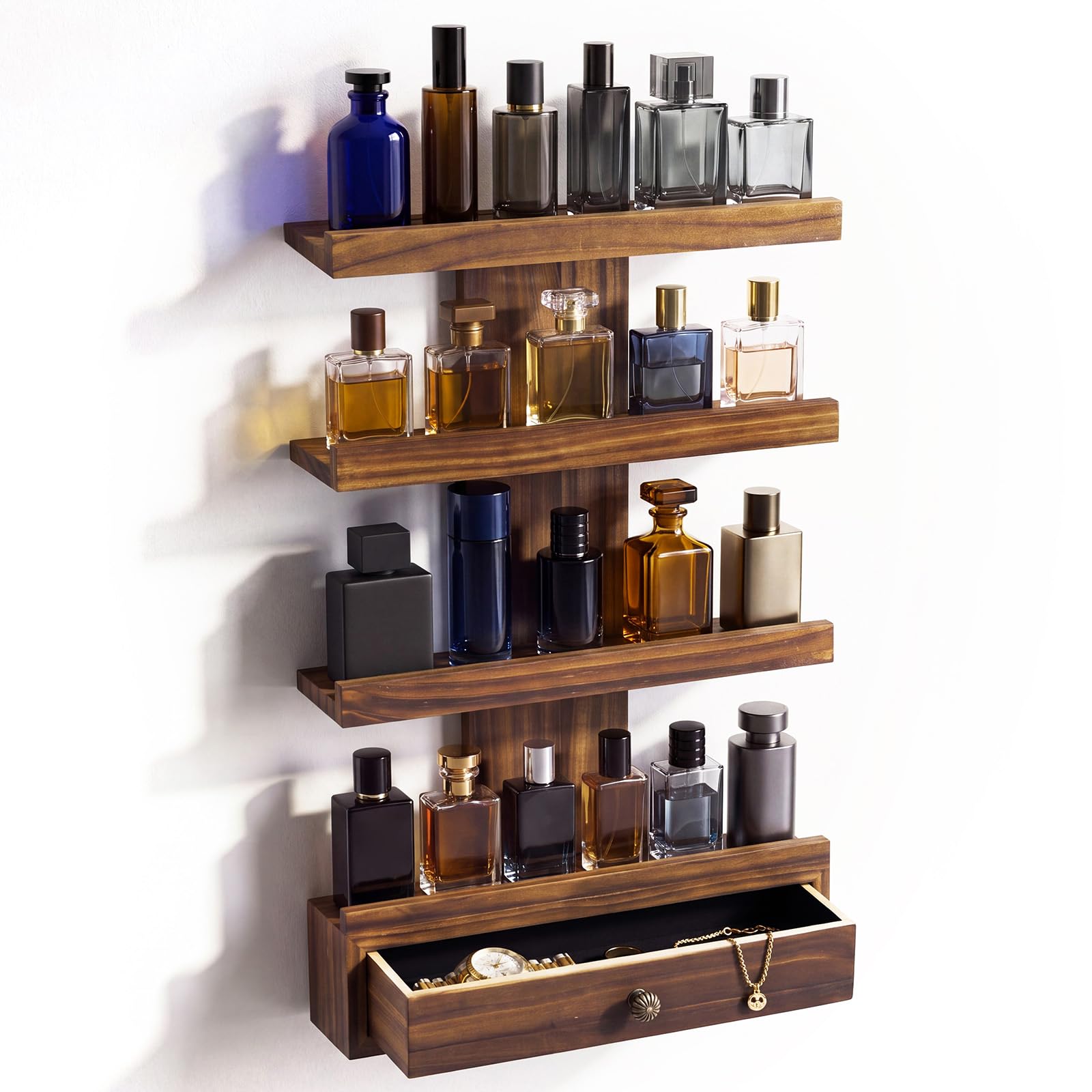 Pinkunn Großer Köln-Organizer zur Wandmontage, 4-stöckiger Köln-Ständer aus Holz, Schmuck- und Parfüm-Ausstellungsregale mit Samtfutter, Schublade für Damen, Estante Para Parfums, Dufthalter