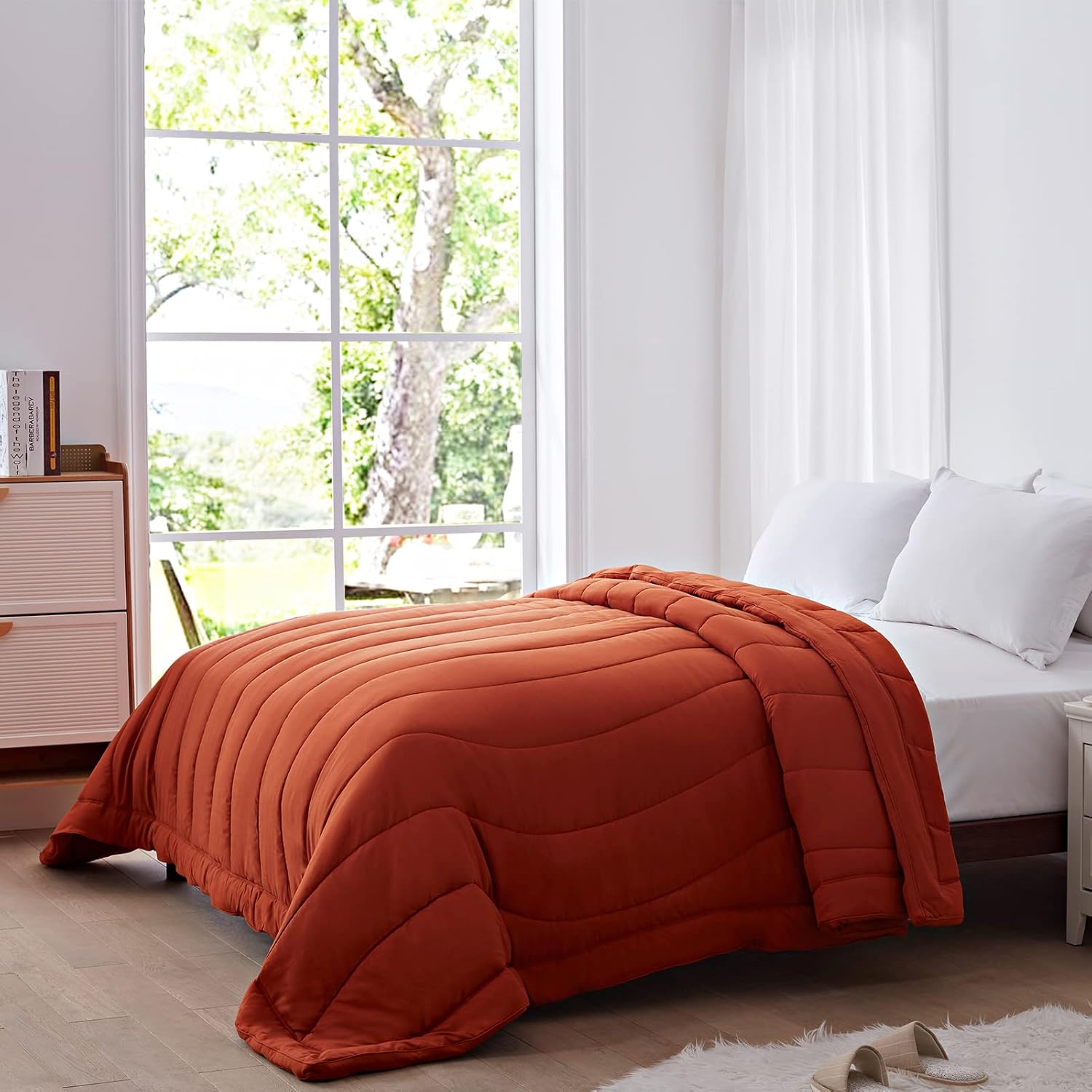 NexHome Lightweight Comforter Twin Size, Soft Down Alternative Solid Comforter, Thin Microfiber Reversible Bedding Comforter for All Seasons (Twin, Umber-Stripe)