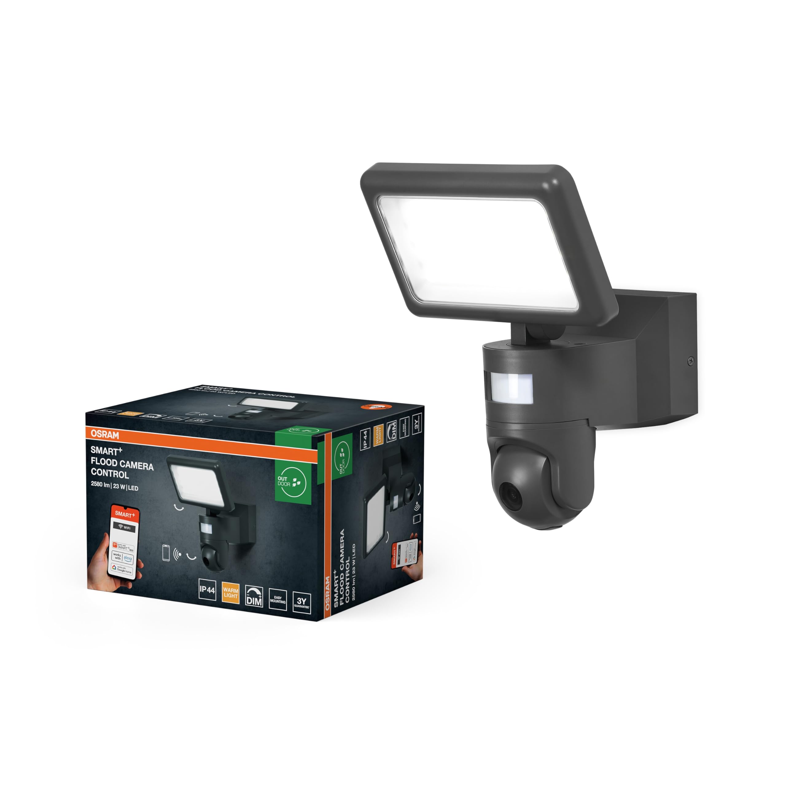 OSRAM Reflektor SMART+ WiFi z kamerą HD, ciepłe białe światło (3000 K), reflektor z czujnikiem ruchu i światła dziennego, 2000 lumenów, ściemnialny, IP44