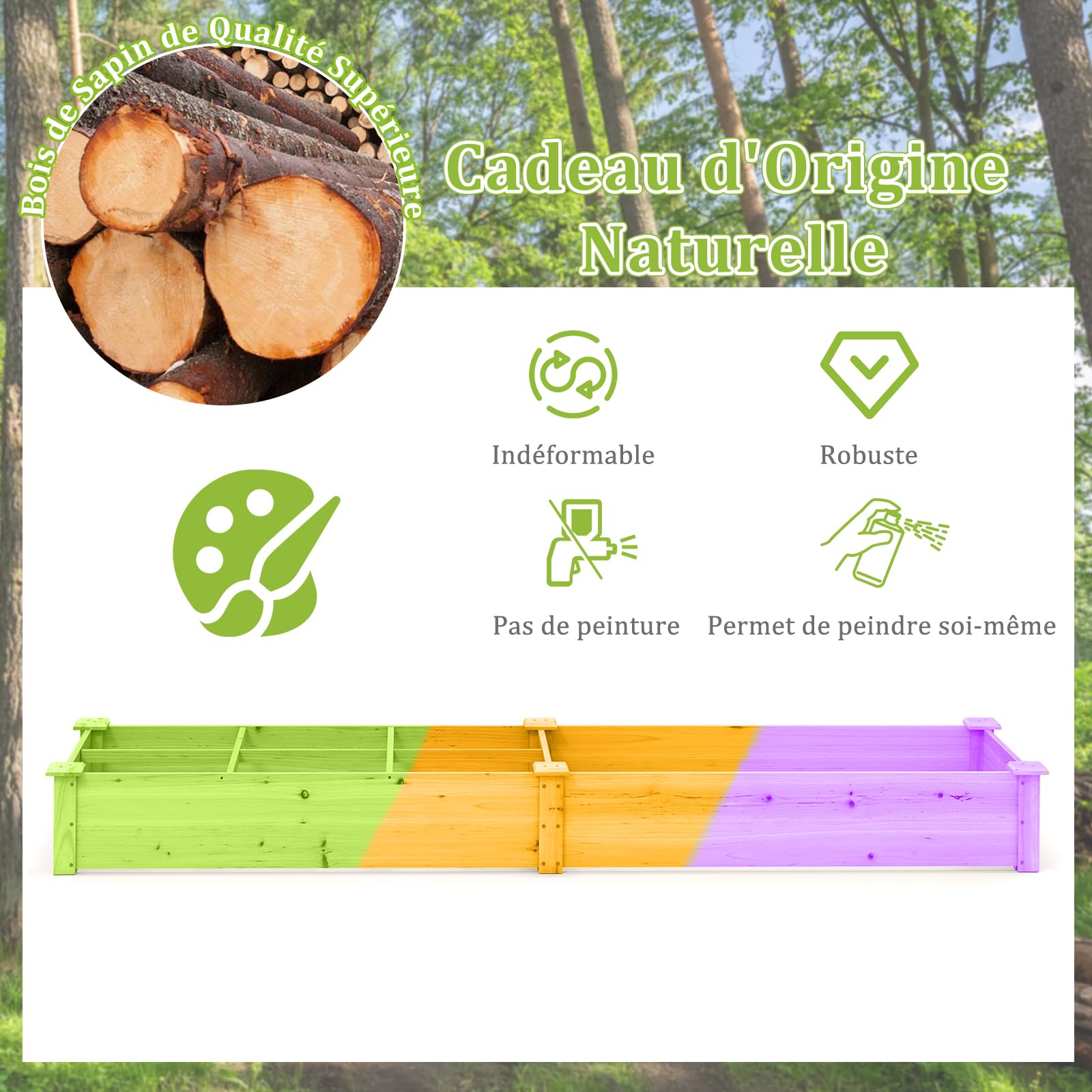 GOPLUS Carre Potager en Bois de Sapin 228x62x25 CM avec Fond Ouvert, Potager Exterieur avec 1 Grand Bacs à Plantation et 6 Petit Bac pour Fleurs Légumes Fruits Herbes, Idéal pour Balcon (Brun)