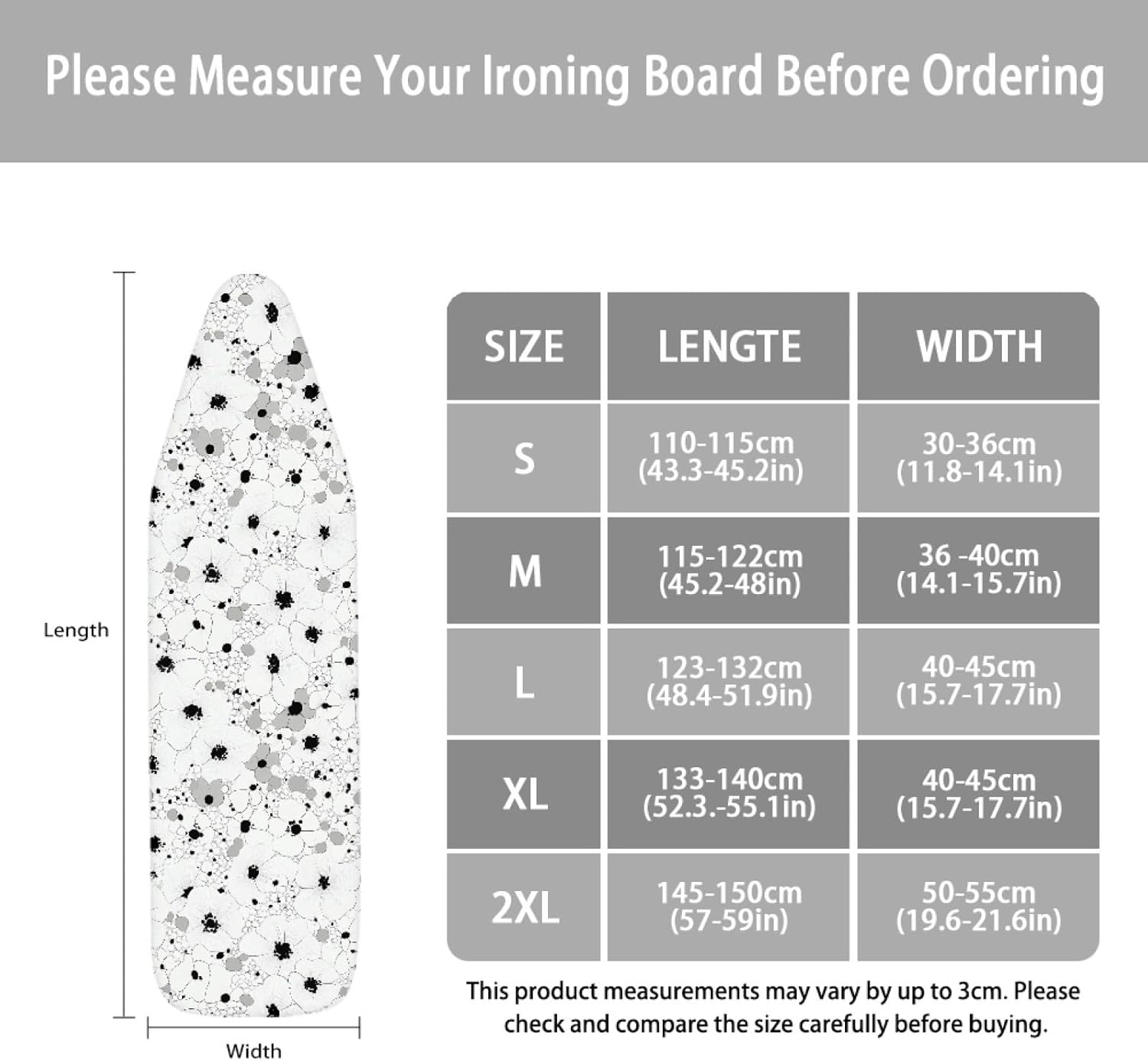 Ironing Board Cover 14x48 White Floral Dot Oval Iron Board Cover with Padding Heat Reflective,Scorch Resistant Thick Padding,Snug Fit Non-Slip Nose Pocket Fastener Straps Elastic Edges