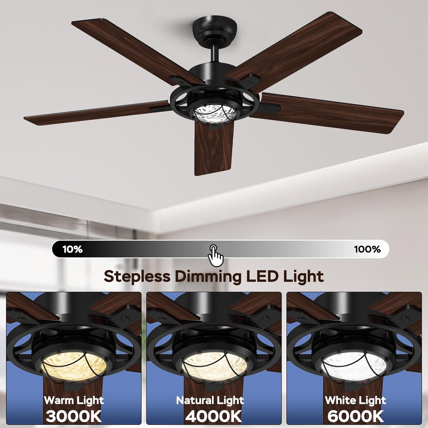 TALOYA 52 Inch Ceiling Fans with Lights and Remote Flush Mount Low Profile for Living Room Farmhouse Bedroom Patio Outdoor Dining Room,DC Motor,Reversible,Buzzer Mute,Dimmable Led Light,Rustic,Black