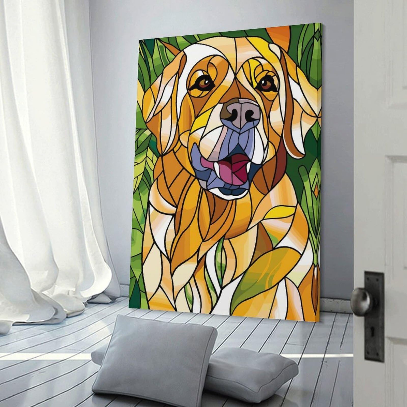 Junmoney Hanging Wall Art Stained Glass Golden Retriever Portrait, 16x24inch(40x60cm), for Wall Displays, Bedrooms Or Room Updates, Wall Decor Suited to Curated Displays