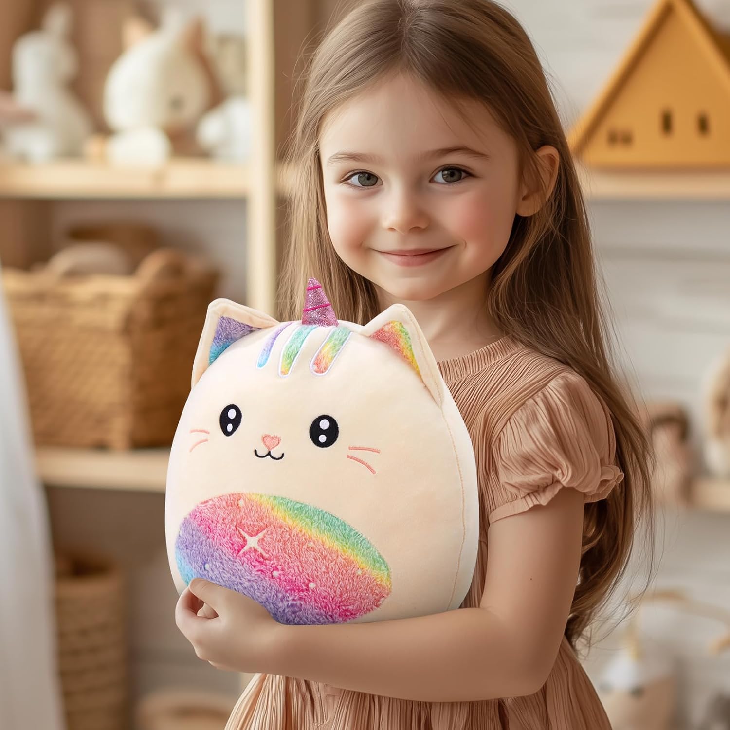 Athionsu 14-Inch Unicorn Cat Plush Pillow Soft and Cuddly Stuffed Animal Toy for Toddler Girls and Boys, Cute Rainbow Belly Plush Gift (CAT)