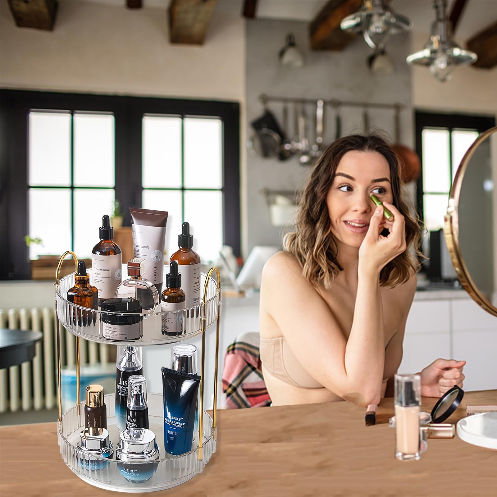 Asayuee Organizzatore per trucchi rotante a 360 gradi, organizer per trucchi a 2 livelli di grande capacità, organizer per cosmetici per la cura della pelle, organizer per cosmetici da bagno