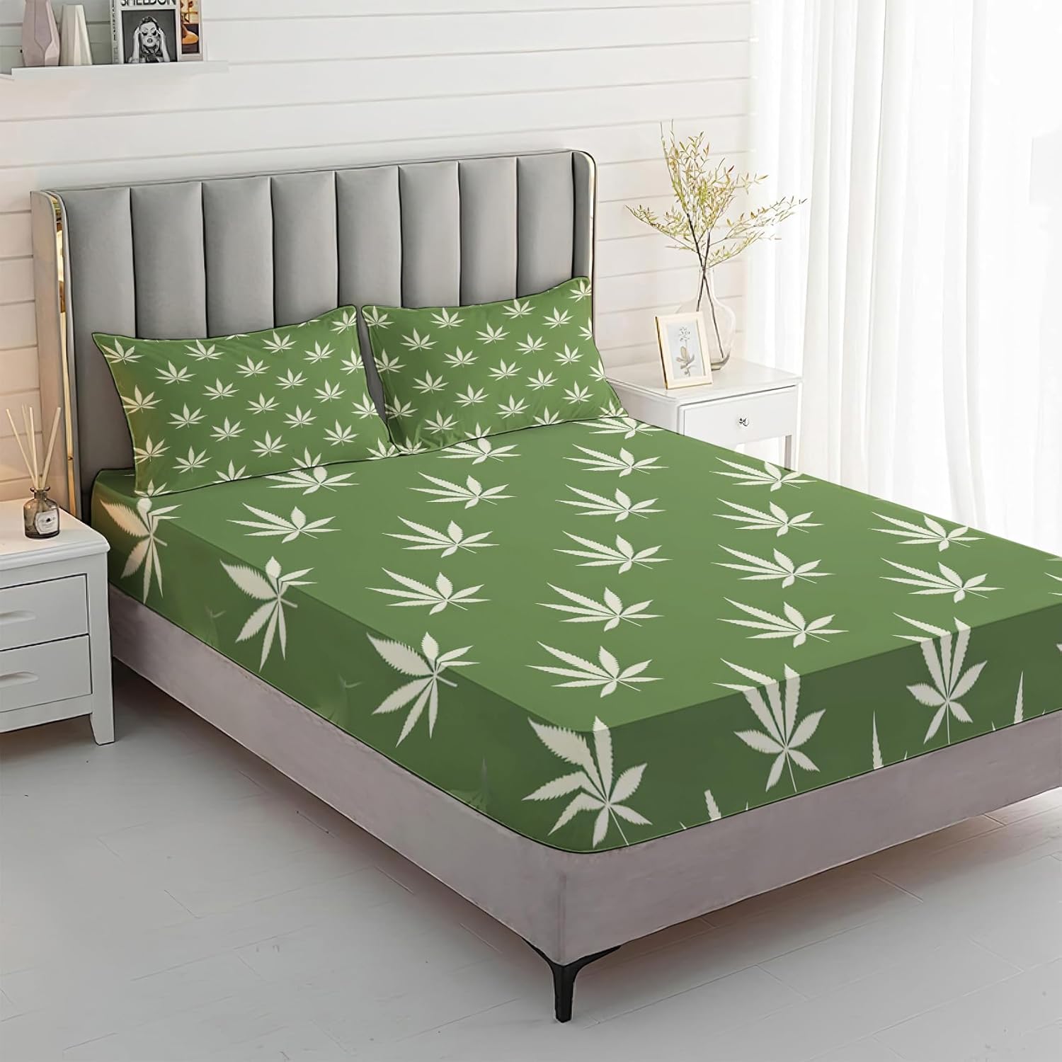 Generic Marijuana Sheets Queen Size, Green Weed Bed Sheets, Patterned Bedding Sheets & Pillowcases 4 Piece Set - Soft Microfiber Deep Pocket Fitted Sheet & Flat Sheet & 2 Pillow Cases A&-u228