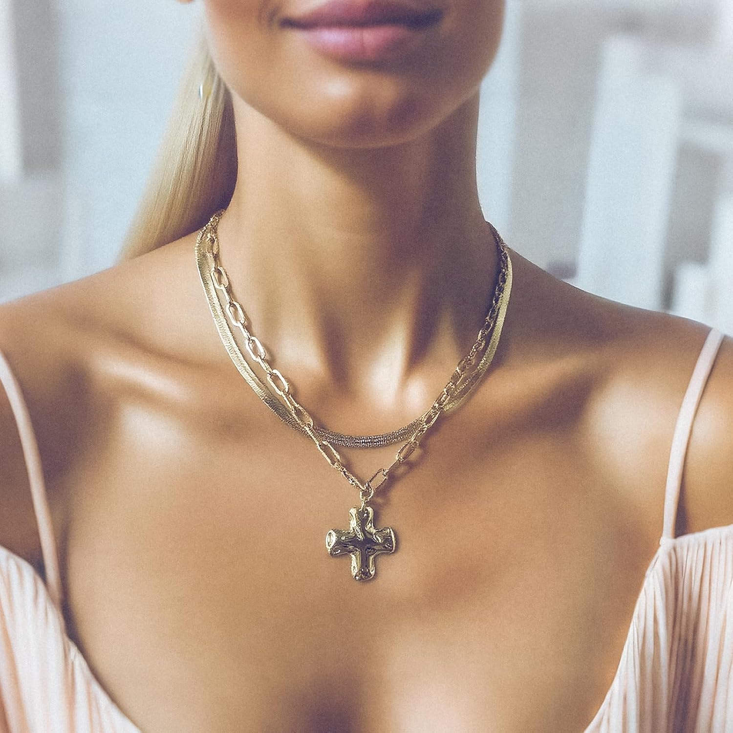 Chunky Cross Necklace for Women, Trendy 14K Layered Gold Chain Necklaces, Paperclip Snake Choker Chain Cross Pendant, Vintage jewelry for Wife Mom Girlfriend - Image 4