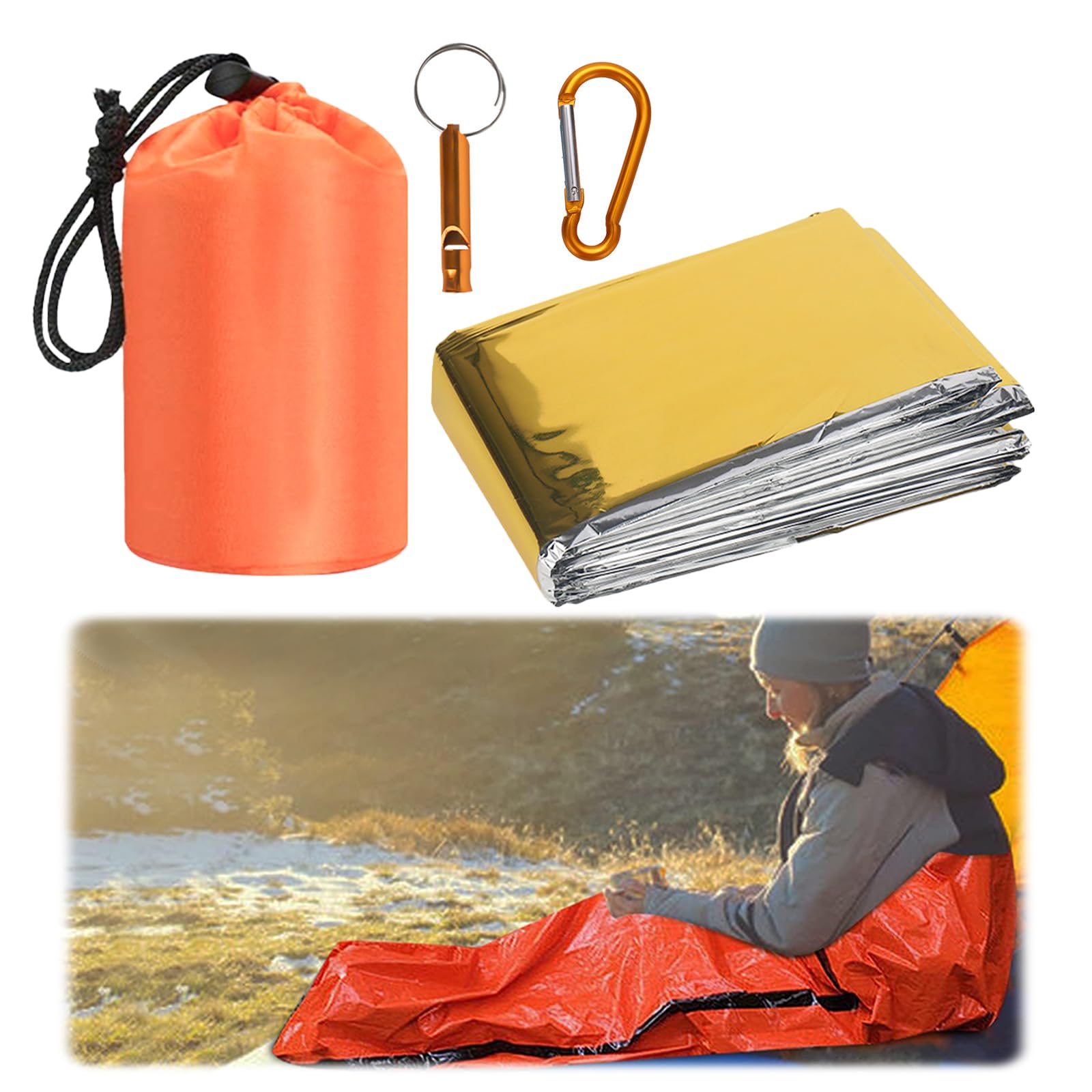 Saco de dormir de emergencia ultraligero impermeable con manta salvavidas y silbato de señal