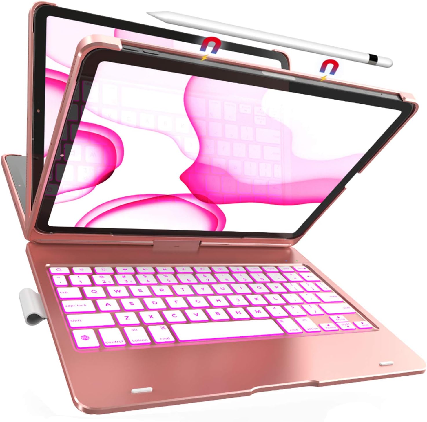 iPad Pro 11 2018 Keyboard Case 7-in-1 360° Rotatable Wireless Backlit Slim Protective Hard Cover Compatible with Apple Pencil and 2018 iPad Pro 11-inch 1st Generation Tablet (Rose Gold)
