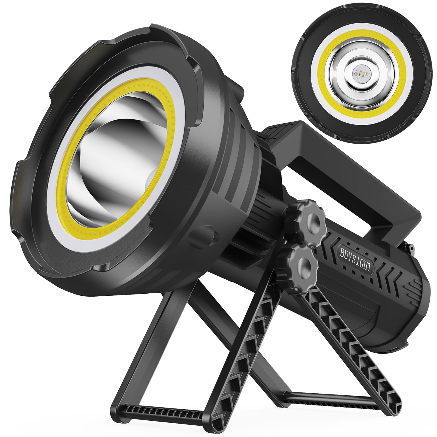 BUYSIGHTRechargeable Flashlight 1000,000 Lumens COB Led Spotlight Floodlight IP67 Waterproof 15000mAh Long Lasting Long Distance Handheld Spotlight Impact Resistant with Foldable Stand and Red Lens