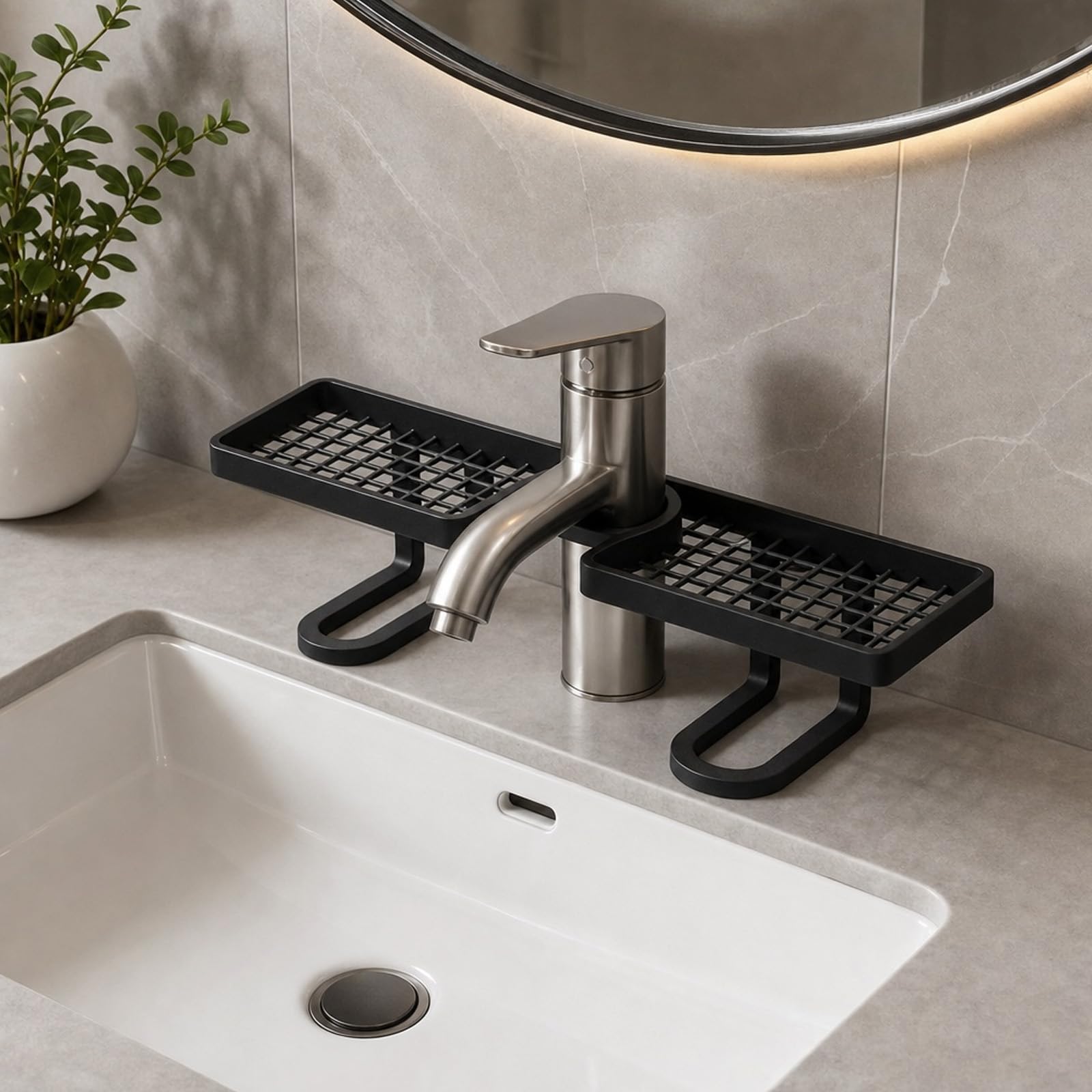 Over Sink Faucet Storage Rack, Behind the Faucet Sink Organizer, No-Drill Free Standing Carbon Steel Faucets Storage Shelf, Space-Saving Bathroom Countertop Organizer, Easy Drainage