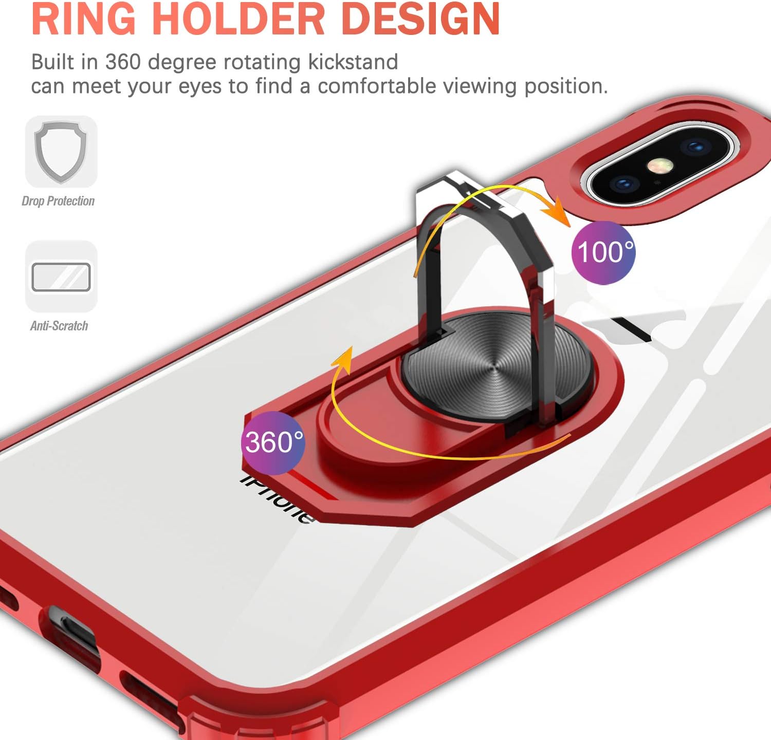 LeYi iPhone X Case, iPhone Xs Case with Tempered Glass Screen Protector [2Pack], [Military Grade] Clear Crystal Phone Case with Ring Car Mount Kickstand for Apple iPhone X/iPhone Xs/iPhone 10, Red