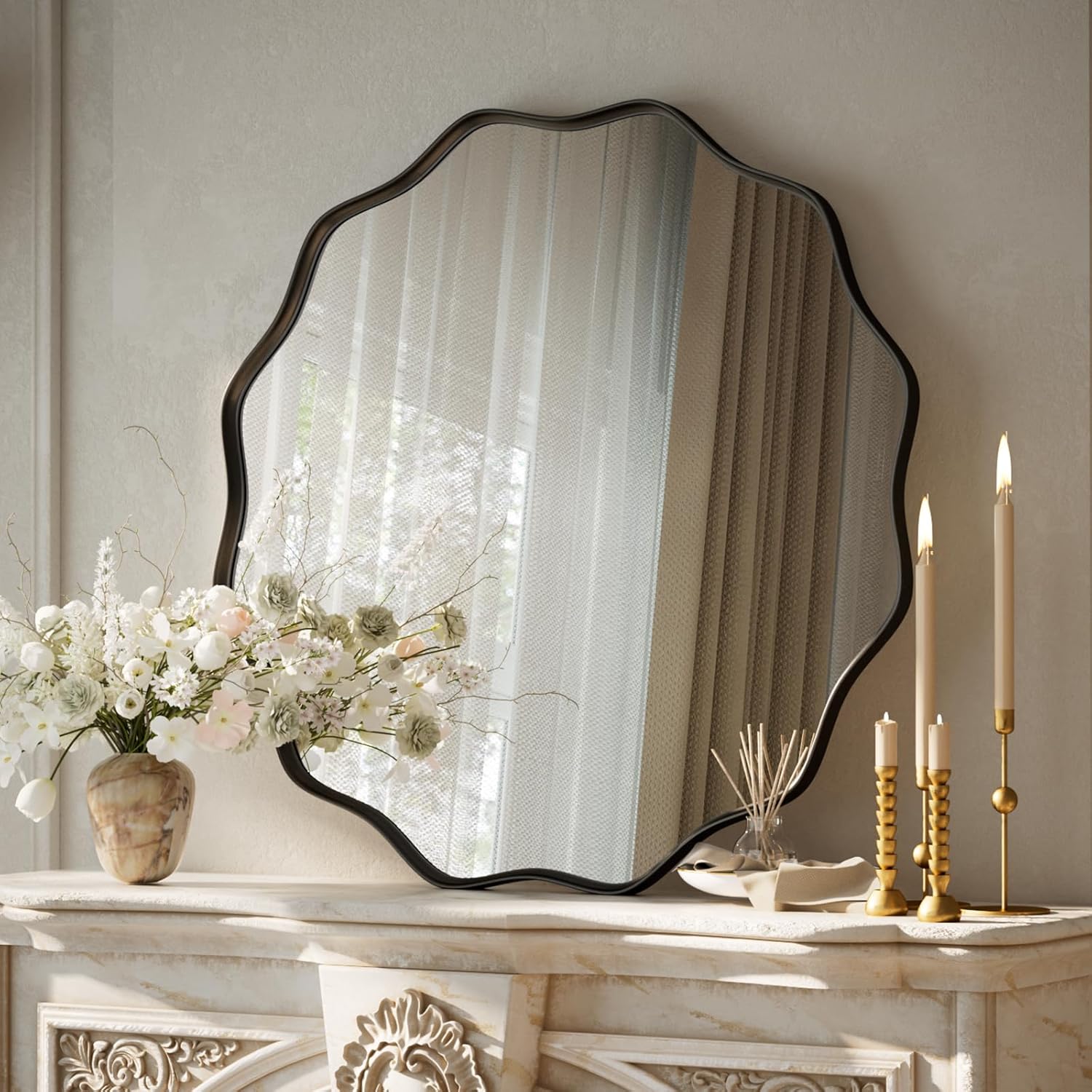 VooBang Black Scalloped Circle Mirror, 24" Wavy Edge Round Wall Mirror with Tempered Glass Textured Circular Metal Deep Frame, Hanging Leaning for Bathroom, Hallway, Entryway, Livng Room