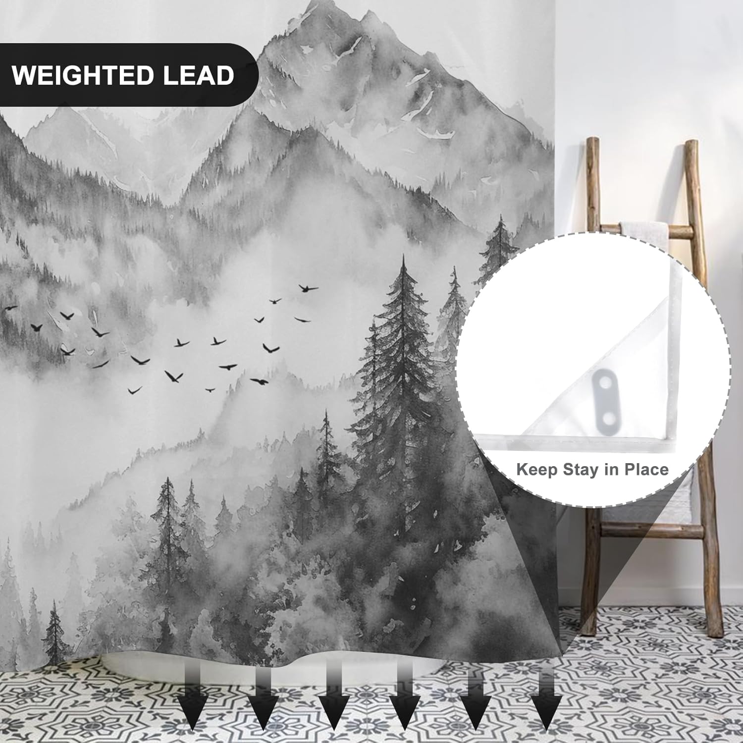 AWERT Forest Grey No Hook Shower Curtain with Snap in Liner Misty Mountain Shower Curtain for Bathroom Fabric Waterproof Liner 71 Wx74L