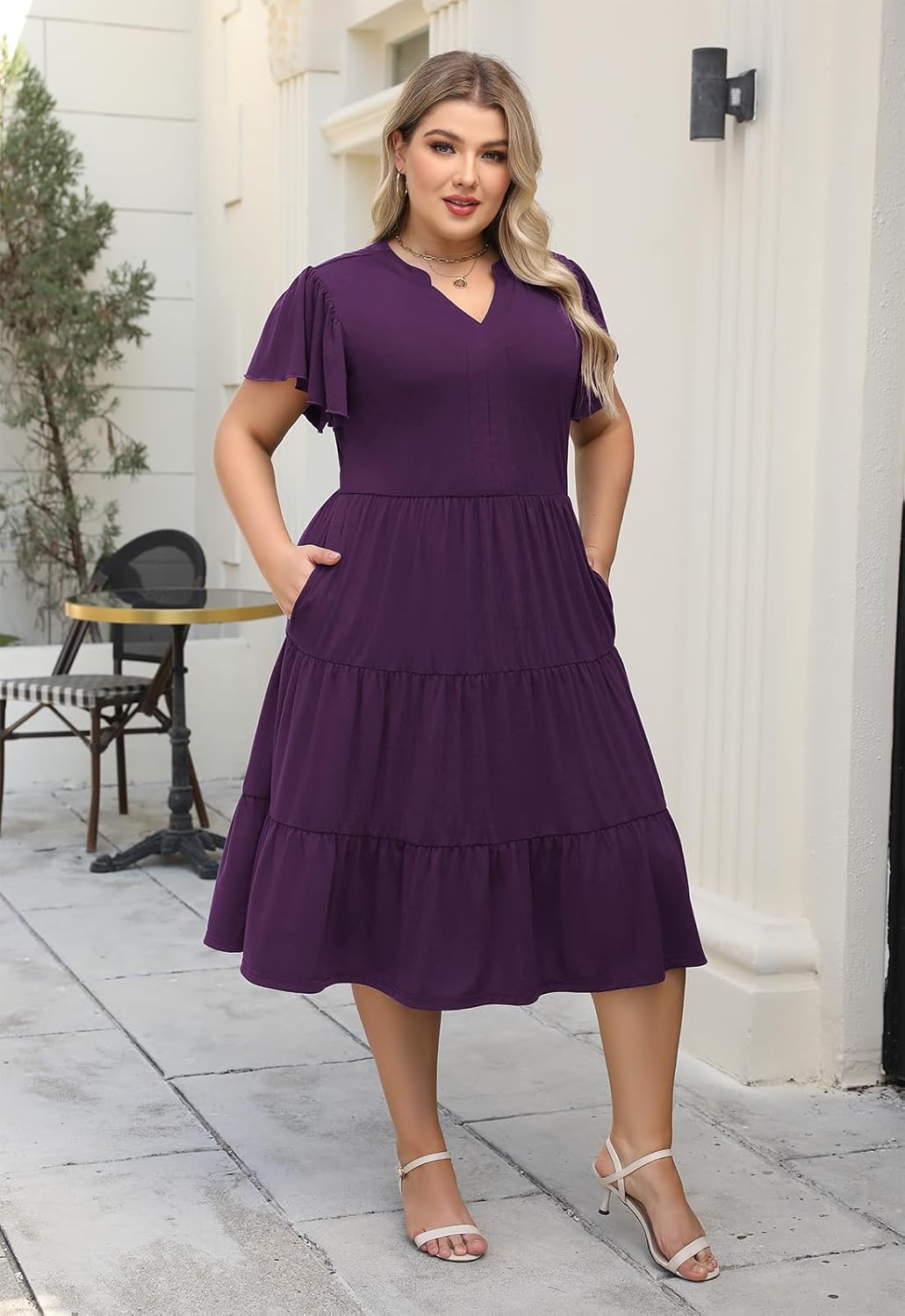 Nemidor Womens Plus Size Summer Midi Dress Tiered Casual Loose Swing Dresses with Ruffle Sleeve and Pocket 16-26 - Image 4