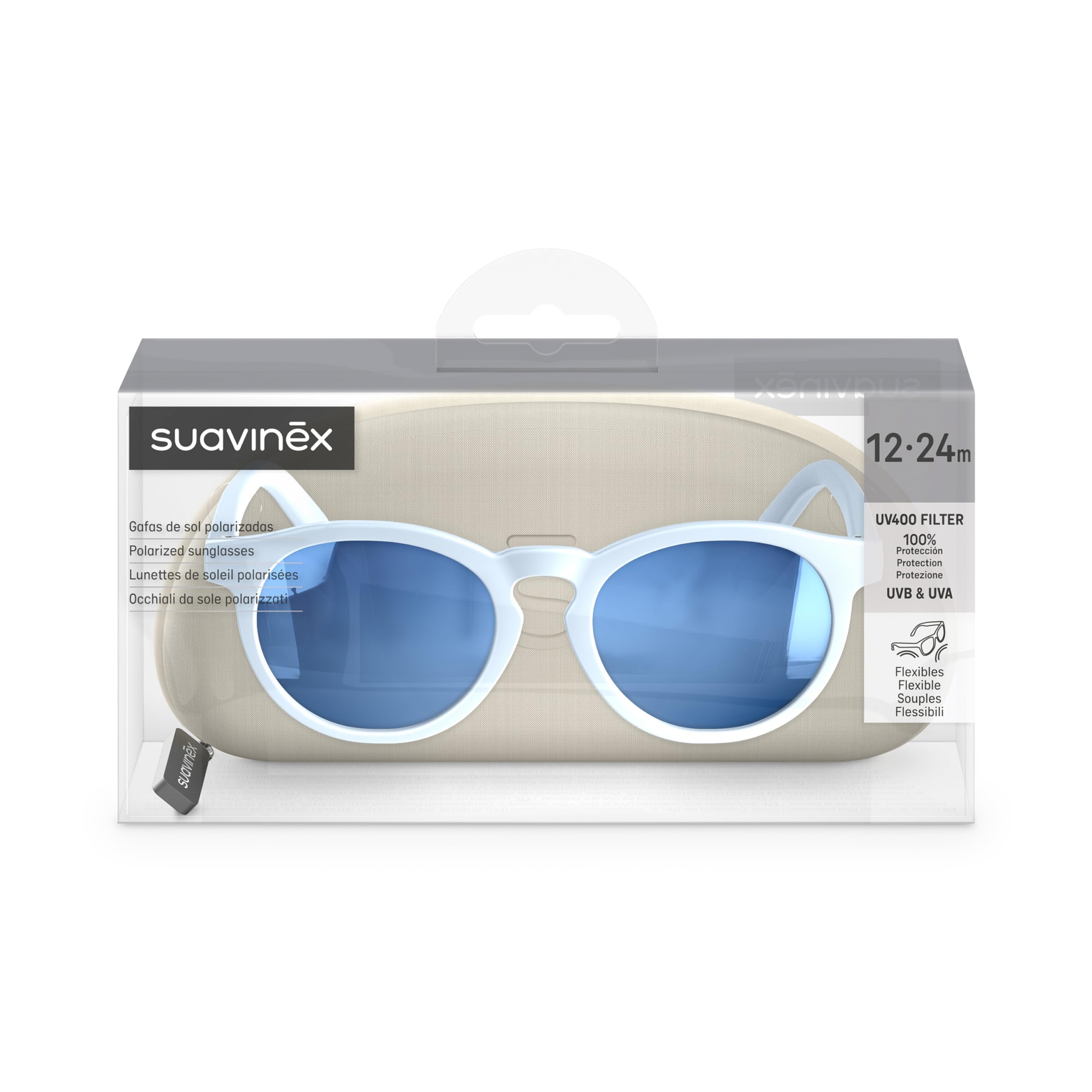 SUAVINEX, Gafas de Sol para Bebés de 12 a 24 Meses, Polarizadas, con Filtro UV 400, Cat. 3, 100% Protección Rayos UVA y UVB, con Funda Incluida, Muy Flexibles y Ligeras, de Forma Redonda, Color Azul