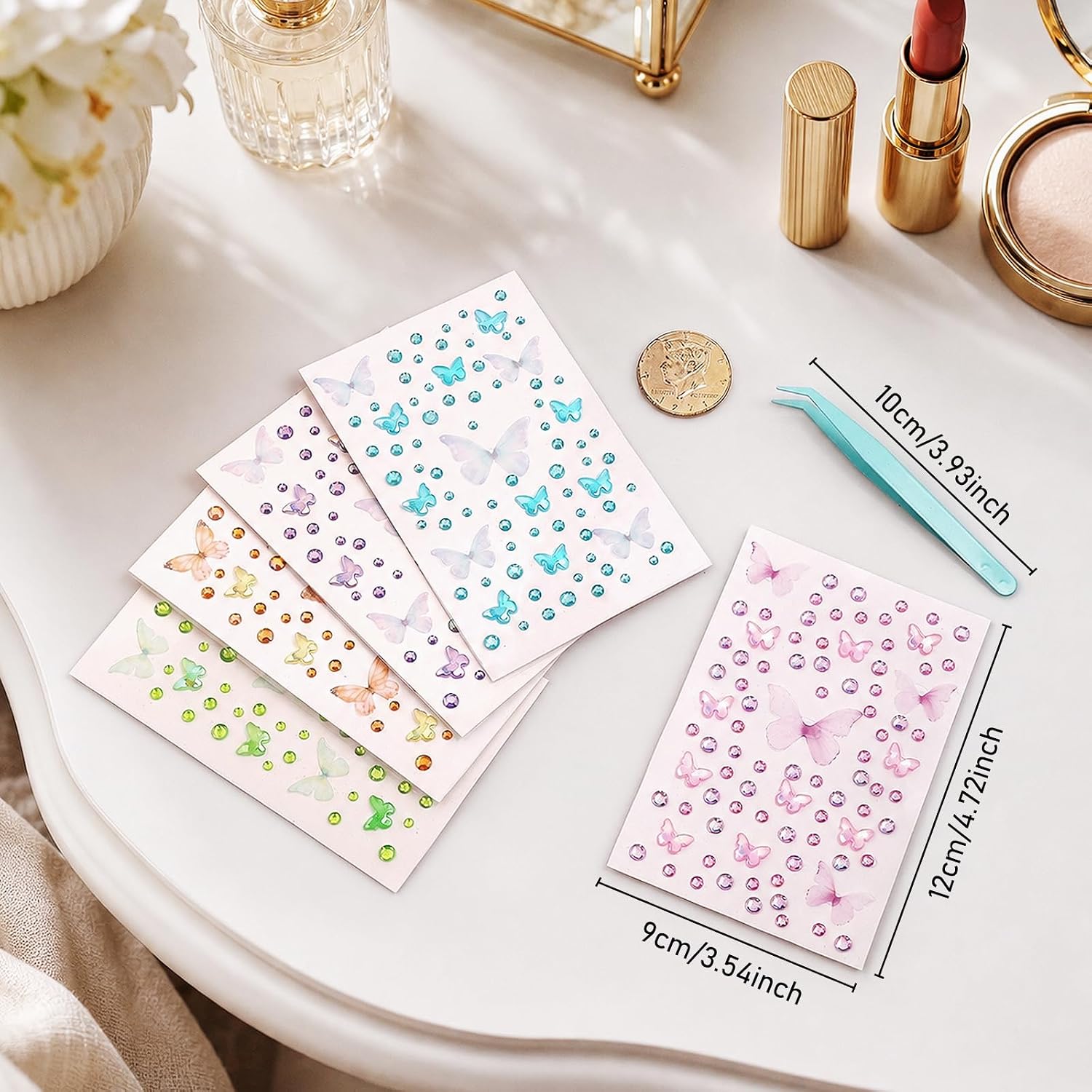 5 Sheets Butterfly Face Gems with Tweezers, Self Adhesive Rhinestone Stickers, Colorful Body Jewel Decals, Crystal Gem Decorations for Festival Makeup and Phone Case DIY Craft Supplies