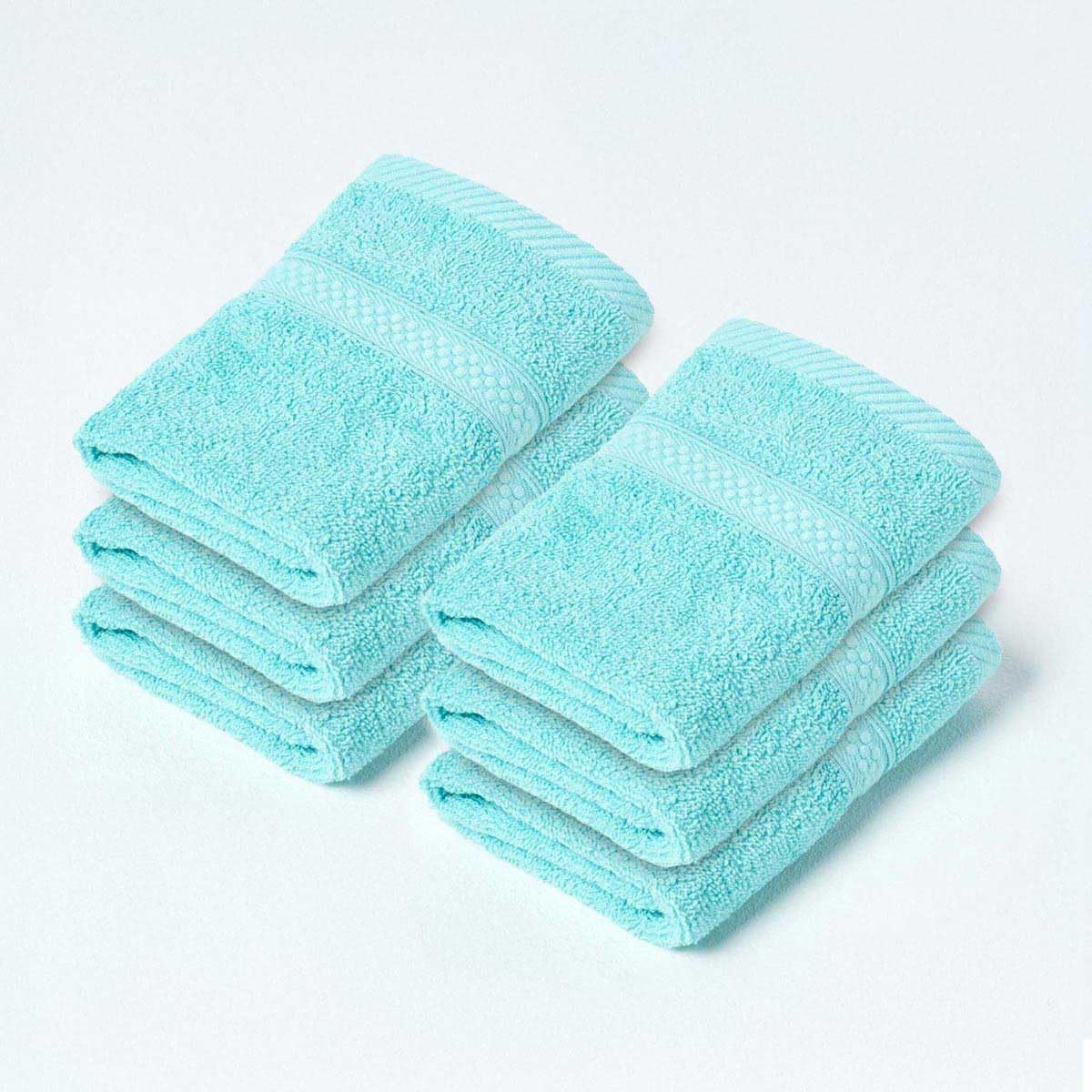HOMESCAPES Aqua Blue Turkish Cotton Set of 6 Face Cloths Flannel Super Soft Thick & Absorbent 500 GSM Towel Heavy Weight for everyday Luxury