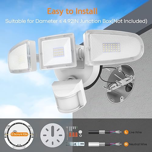 Miniatura 4 de HGGH Paquete de 2 luces de inundación para exteriores, luces de seguridad superbrillantes de 3500 lm controladas por interruptor, 3 cabezales
