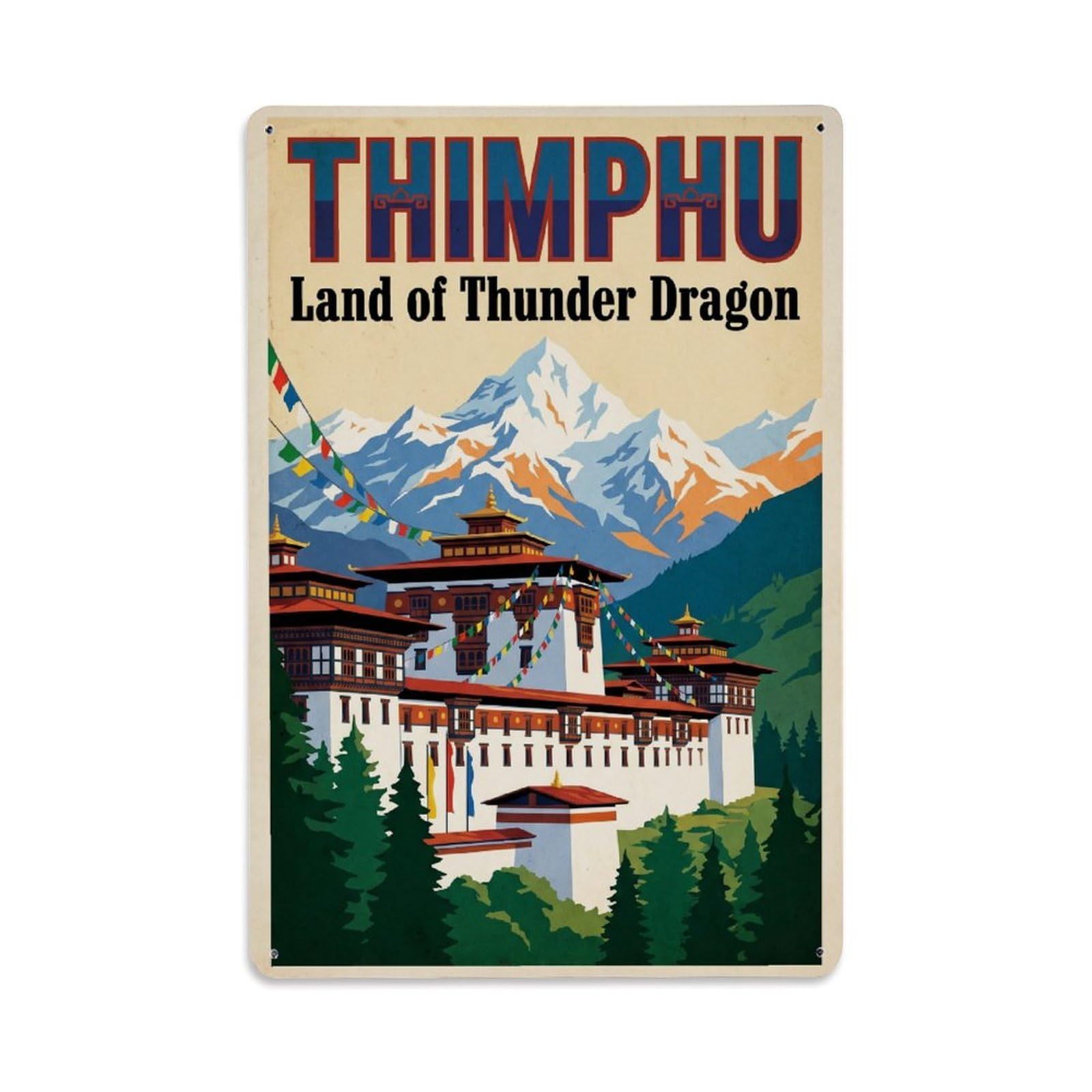 Gead 8X12inch Style Vintage Travel Bhutan Thimphu Metal Tin Sign