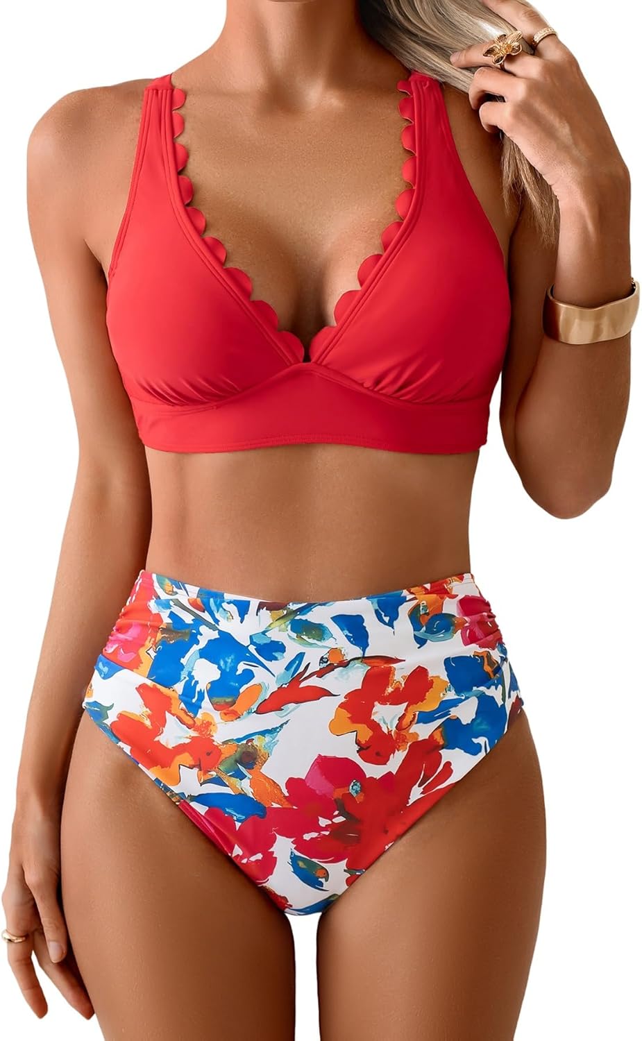 Womens Bikini Set Tummy Control Ruched Two Piece Swimsuit Scalloped V Neck Criss Cr...