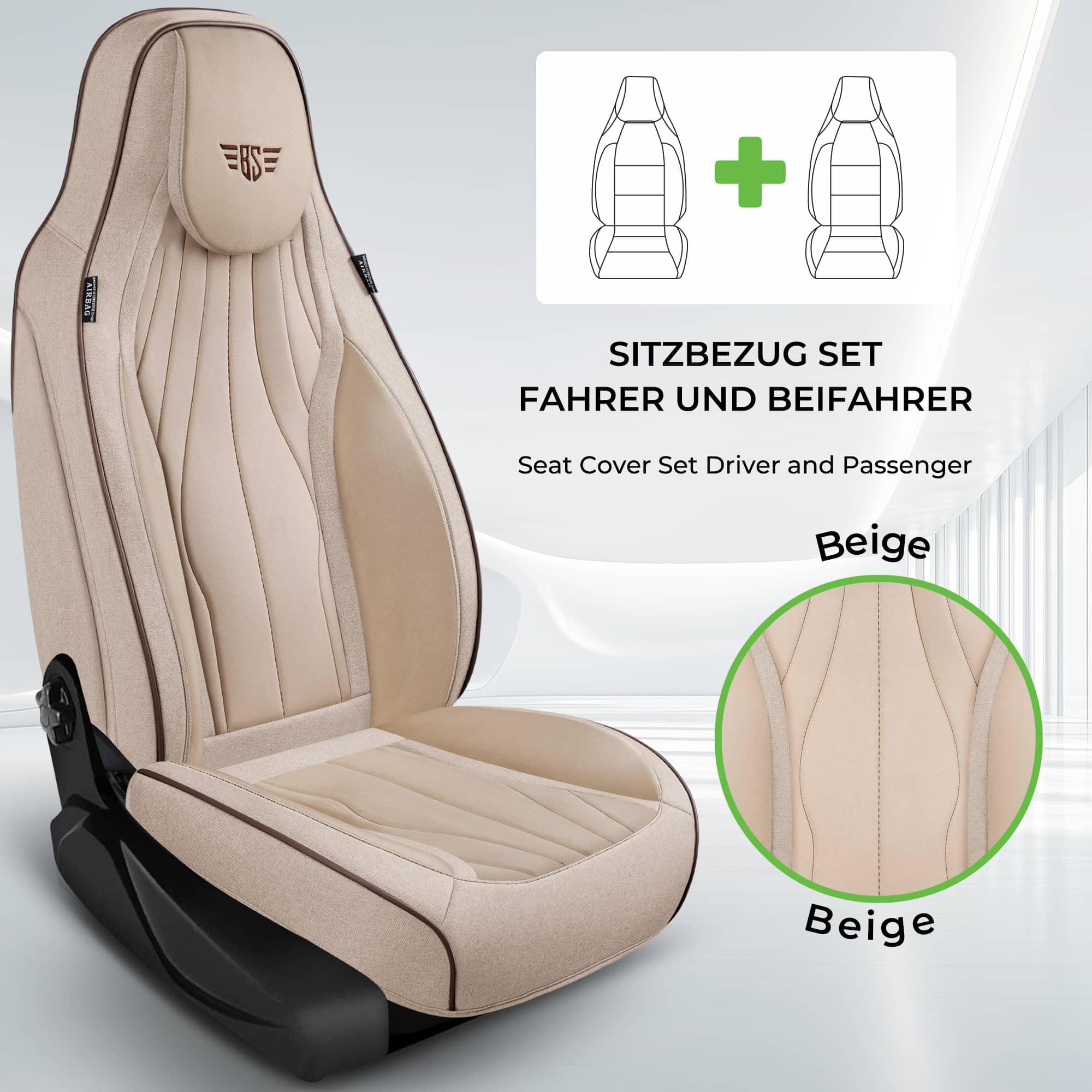 Autositzbezüge Universal für PKW, SUV – Premium Vordersitzbezüge Beige, hochwertig verarbeitet für mehr Sitzkomfort, Airbag-kompatibel, Schonbezüge für Fahrer & Beifahrersitz mit Rückentasche