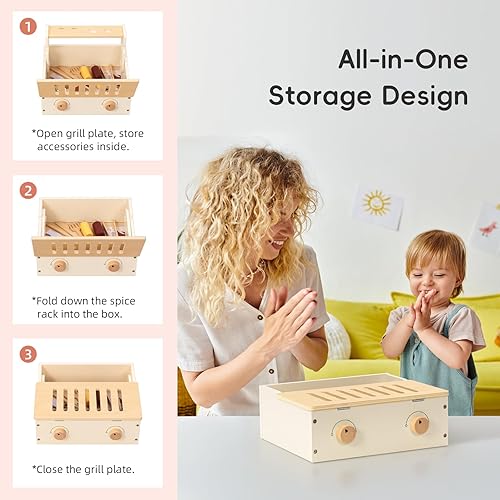 Miniatura 6 de OOOK Juego de parrilla de madera para niños, parrilla de juguete con 25 herramientas de comida y parrilla, accesorios de cocina para niños pequeños