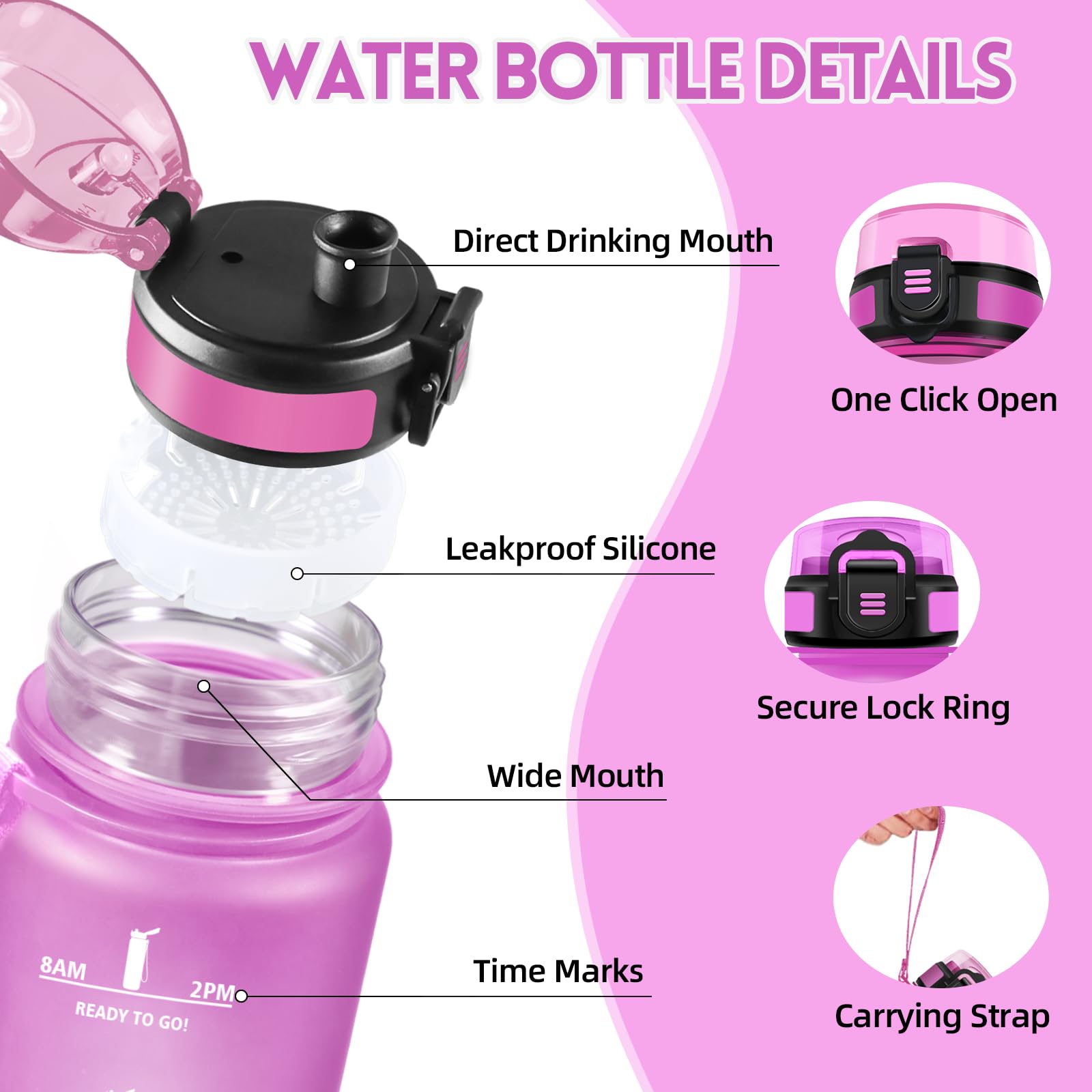 Motswedi Borraccia 1 litro,Riutilizzabile, Borraccia Motivazionale, a Prova di Perdite, Bottiglia Acqua, Senza BPA, Borracce, per Sport, Ufficio, Ciclismo, Palestra, Rosa&Ciano