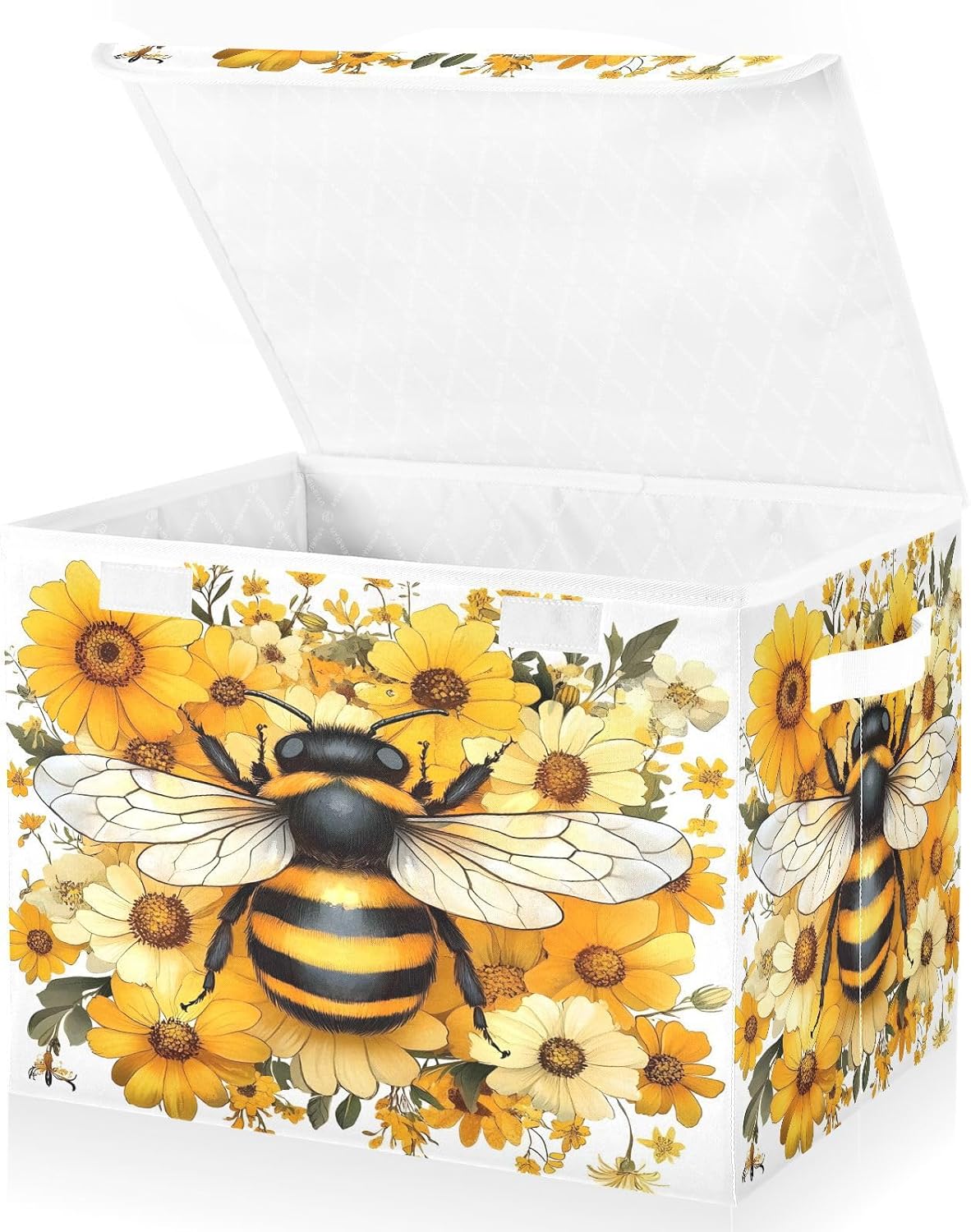 Storage Bin with Lid Yellow Daisy Bee Storage Box Basket Large Collapsible Containers Organizer Cube Bedroom Shelves Clothes Closet Handles