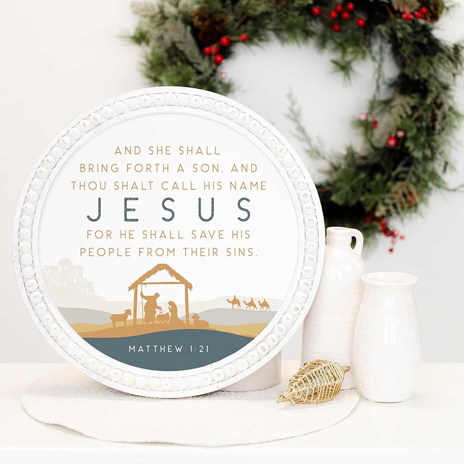 Simply Said, INC Beaded Christmas Wall Art - Thou Shalt Call His Name Jesus - Matthew 1:21-14 x 14 inches - Nativity Scene Christmas Decor - Nativity Mantle Decorations BAO1128